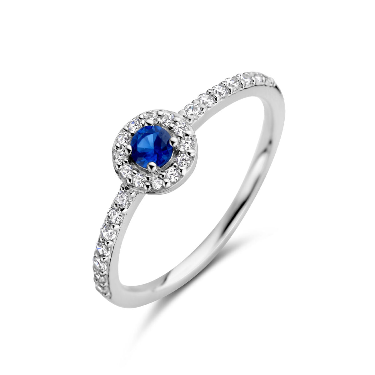 Ring-Synth. Saphir- und Zirkonia-Halo-Silber rhodiniert