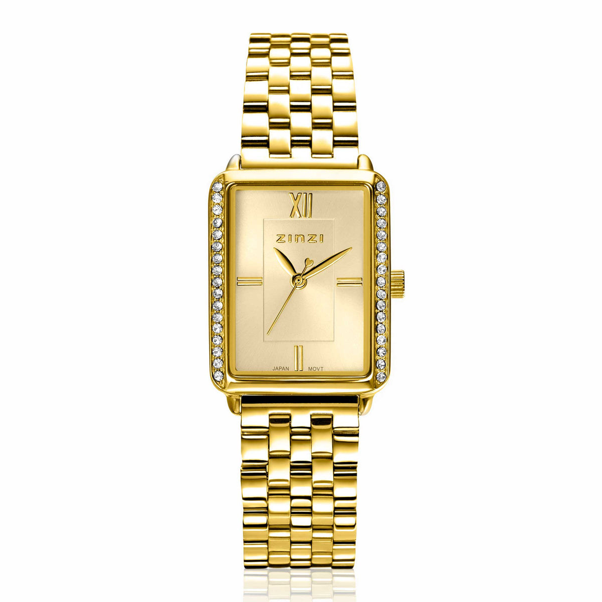 Rechteckige Uhr mit vergoldetem Gehäuse, goldenem Armband und Zifferblatt mit Strasssteinen.