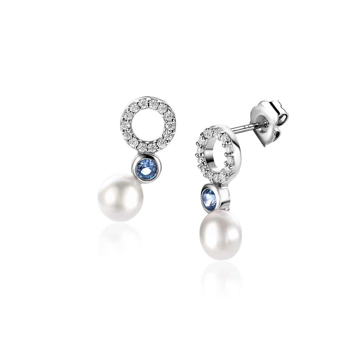 Ohrringe aus Silber mit weißen Perlen und blauen Steinen, kreisförmige Fassung mit Zirkonia