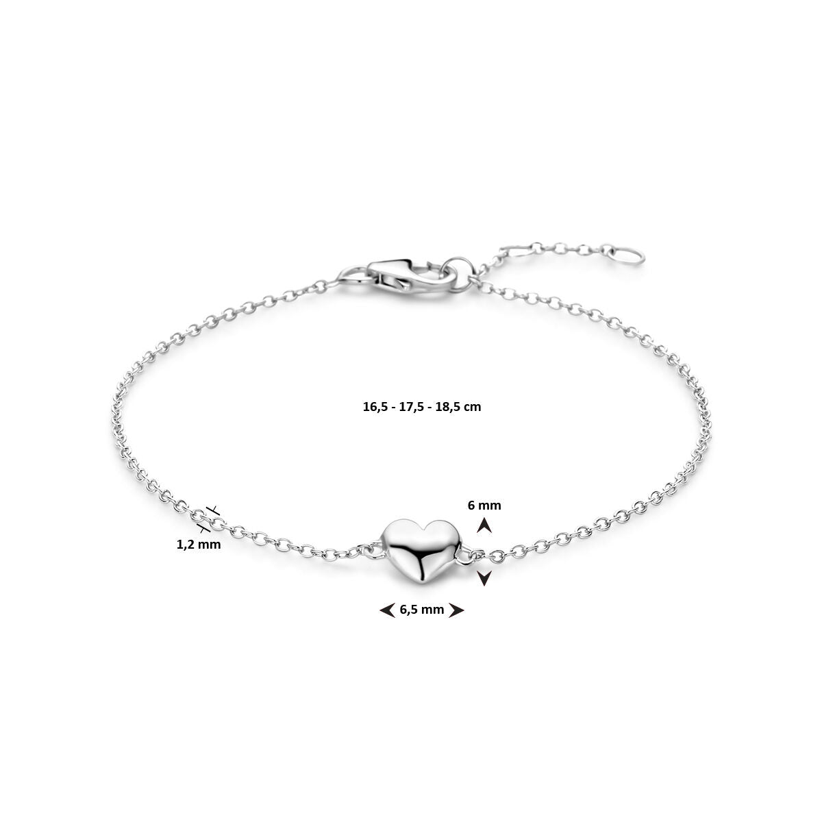 Zilveren armband hartje van Van der Kooij Collectie, met een hartje van 6 x 6,5 mm. Dikte schakel: 1,2 mm, verstelbaar van 16,5 tot 18,5 cm. Perfect als Valentijnsgeschenk!.