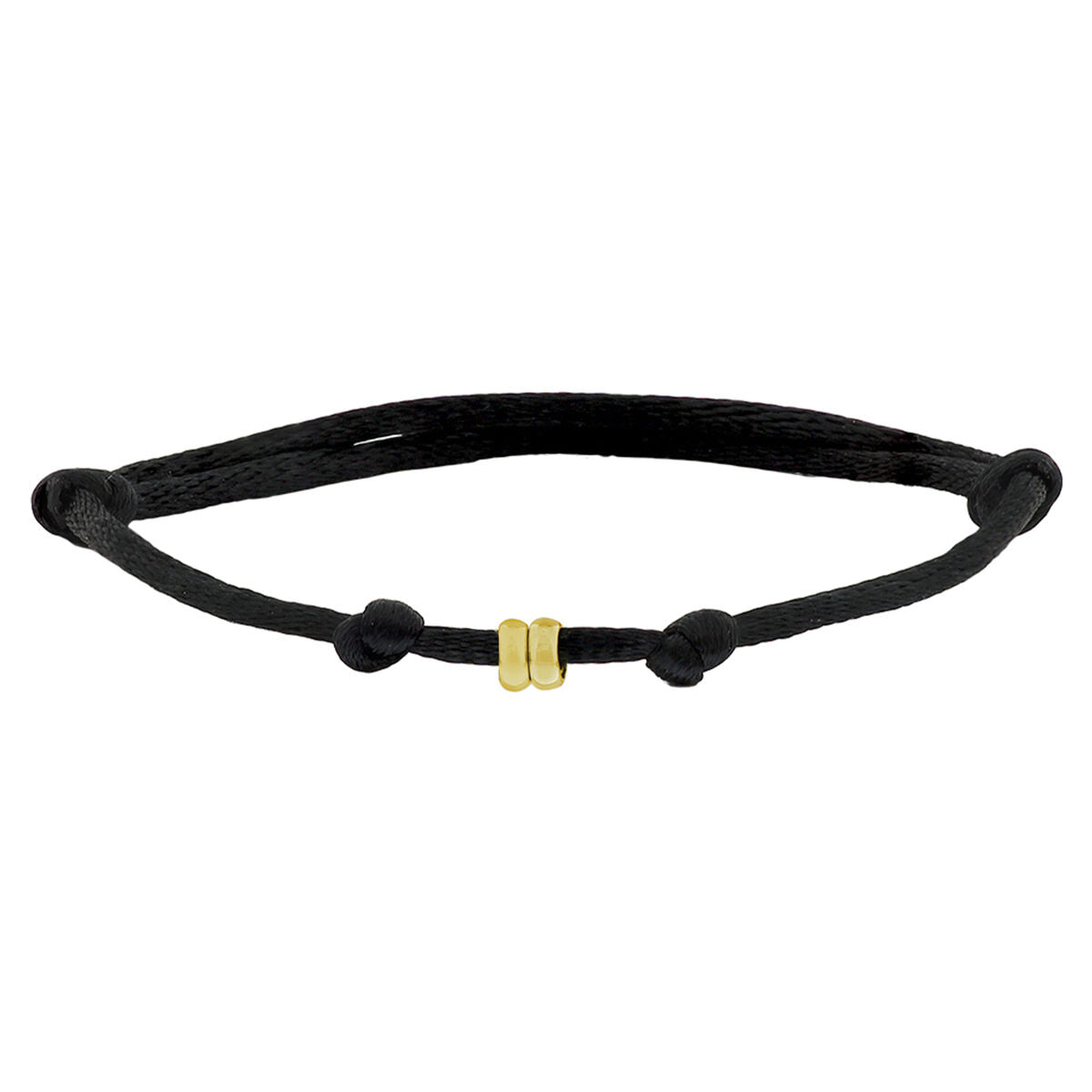Armband aus schwarzem Satin mit 14K goldener Verschluss und Knoten aus Gummi/Nylon.