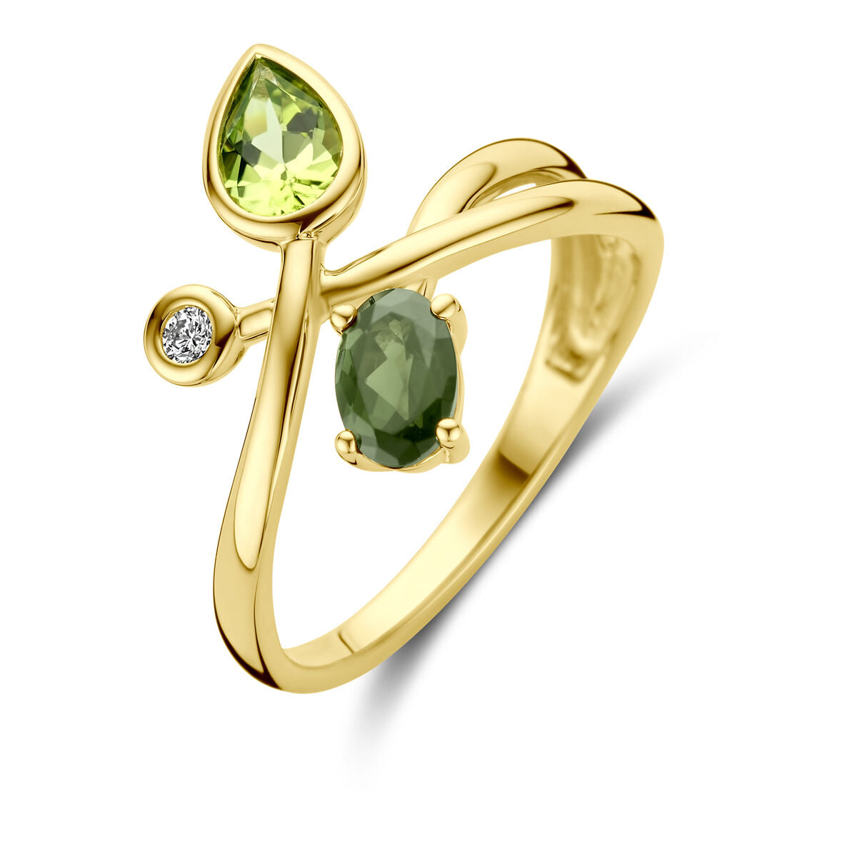 Ring aus 14K Gelbgold mit grünem Turmalin, Peridot und einem Diamanten 0,03 ct.