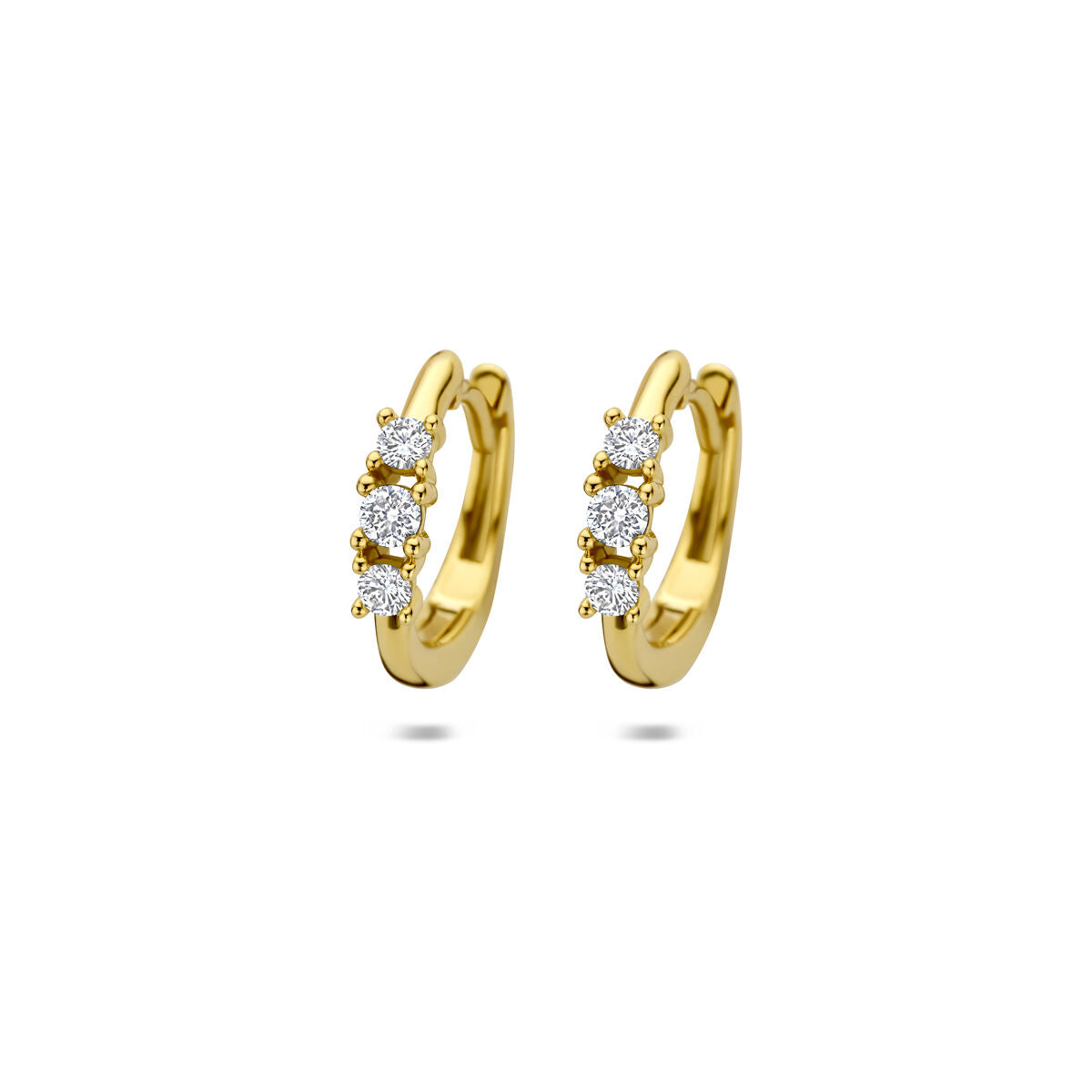 Goldene Klapp-Ohrringe aus 14k Gelbgold mit drei funkelnden lab-grown Diamanten