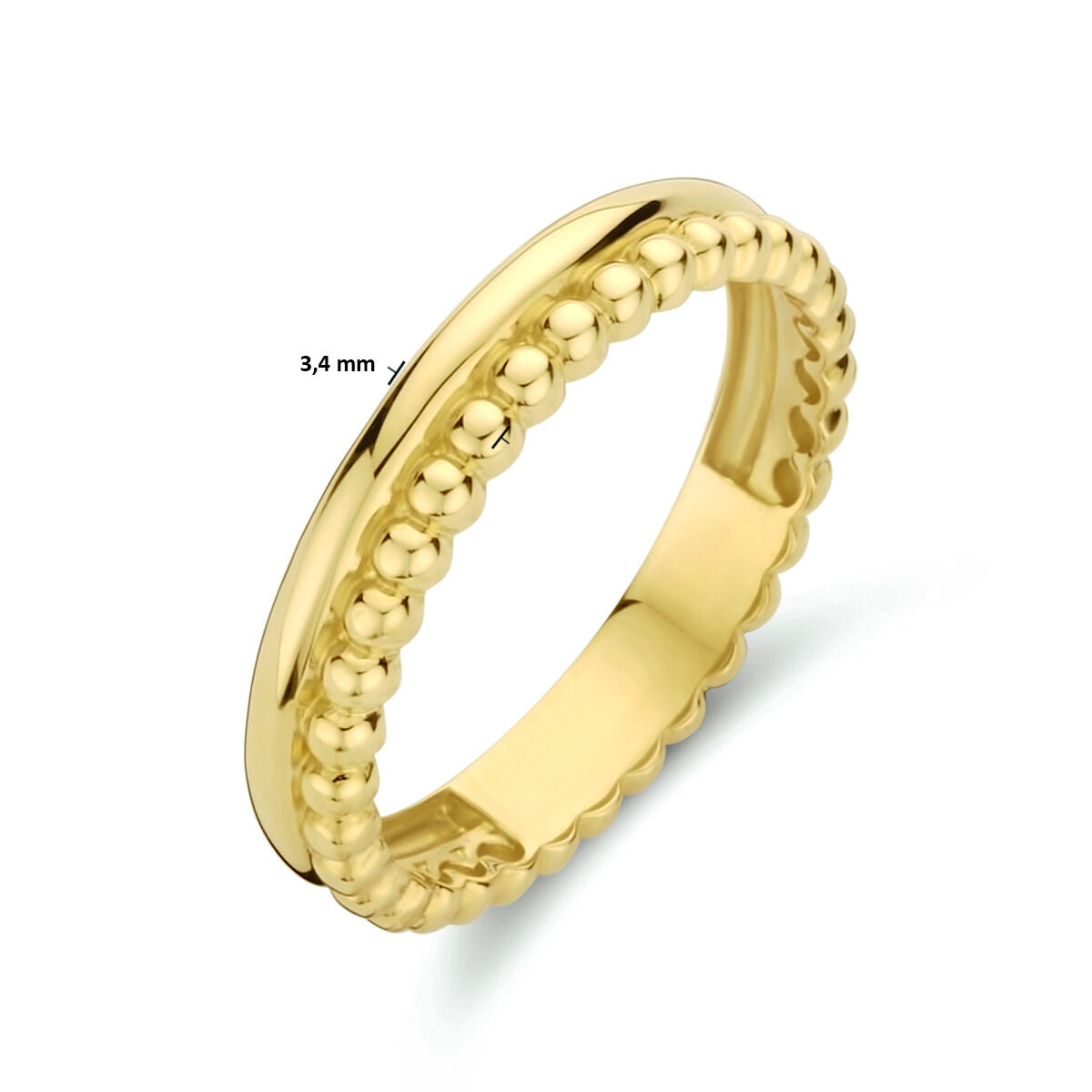 De ringbolletjes 14K geelgoud uit de Van der Kooij Collectie heeft een gladde band met een rij kleine afgeronde kralen van 3,4 mm breed langs één rand. Perfect als dames sieraad.