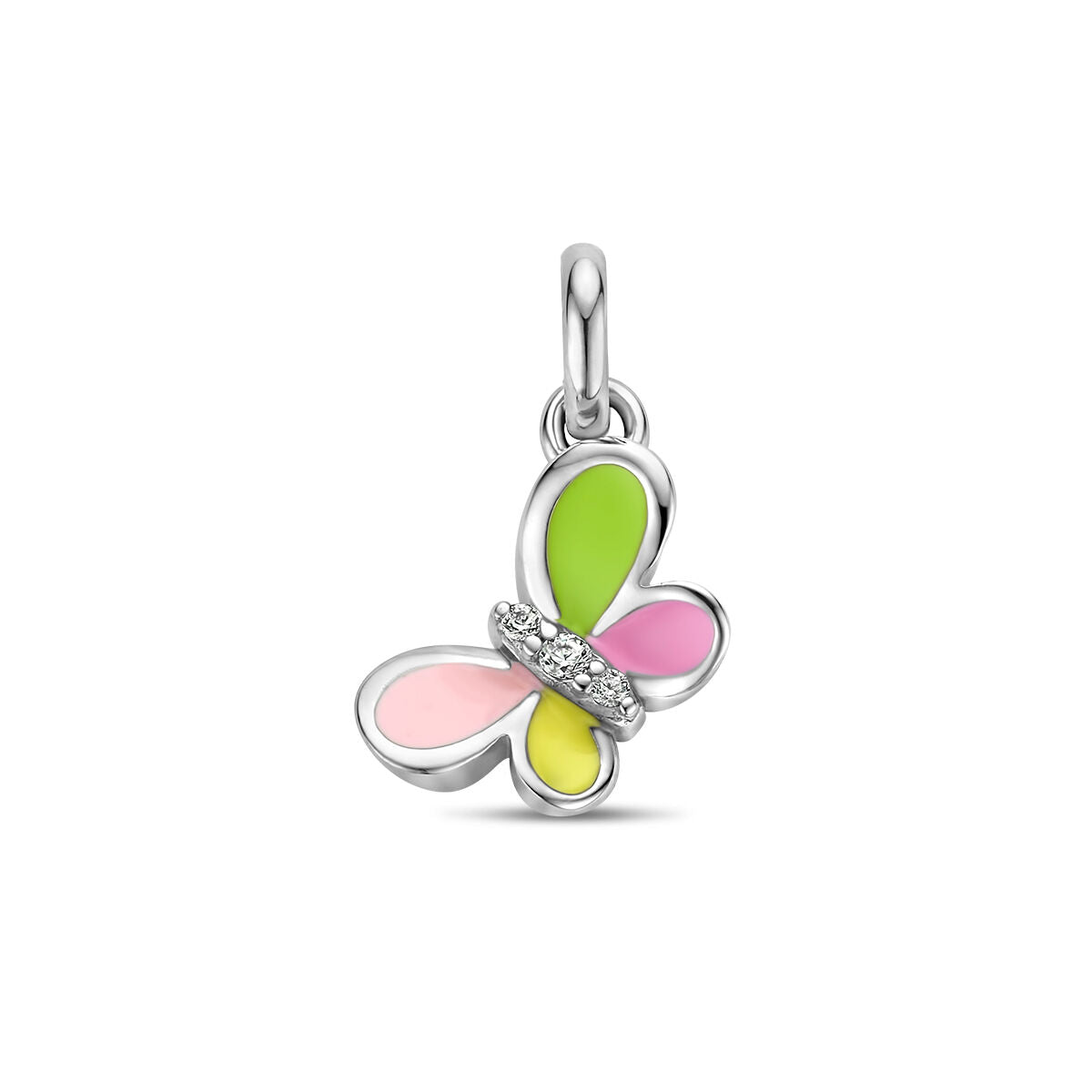 Hänger in Form eines Schmetterlings mit buntem Emaille und Zirkonia in Silber rhodiniert