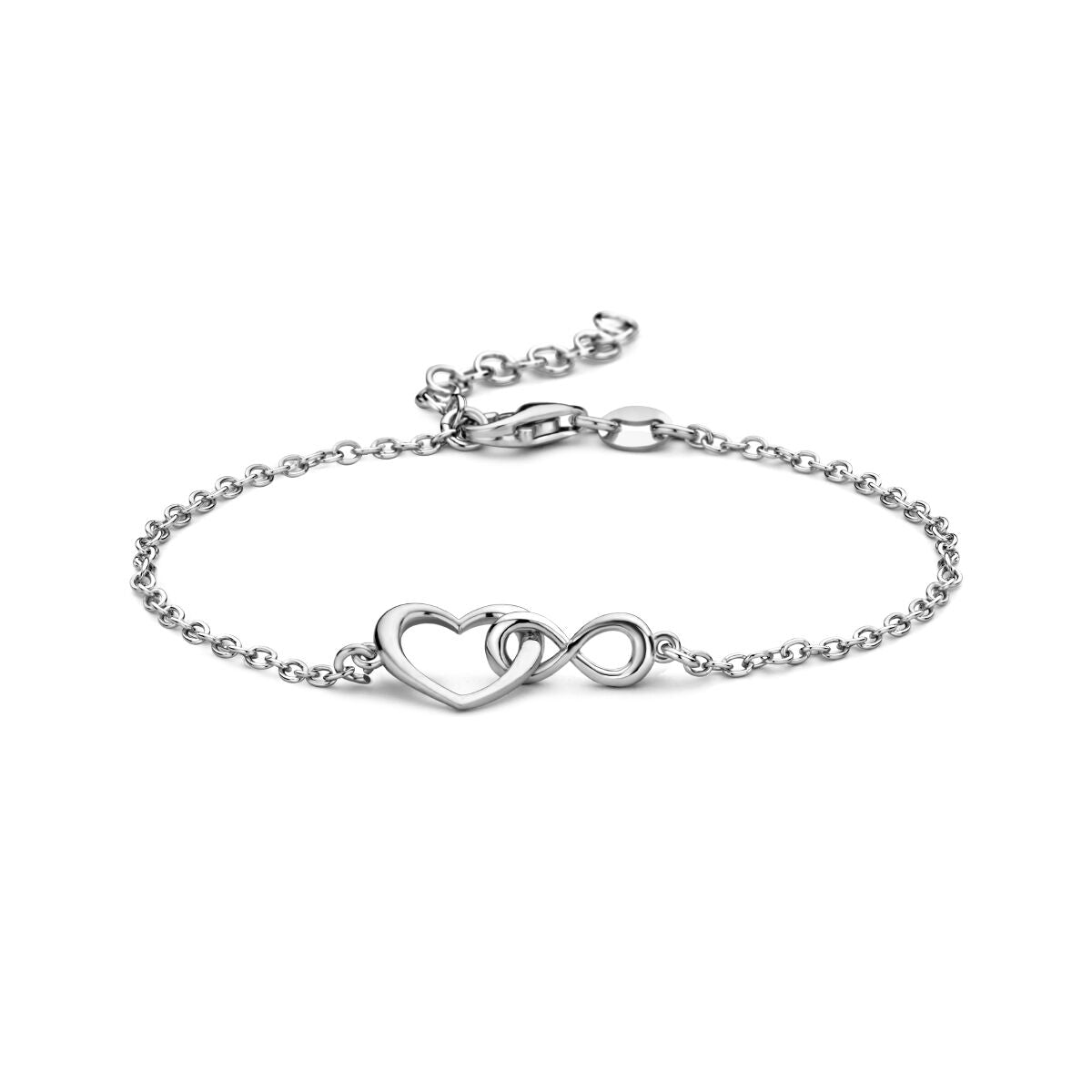 Armband aus rhodiniertem Silber mit Herz- und Unendlichkeitssymbol, 16 + 3 cm lang