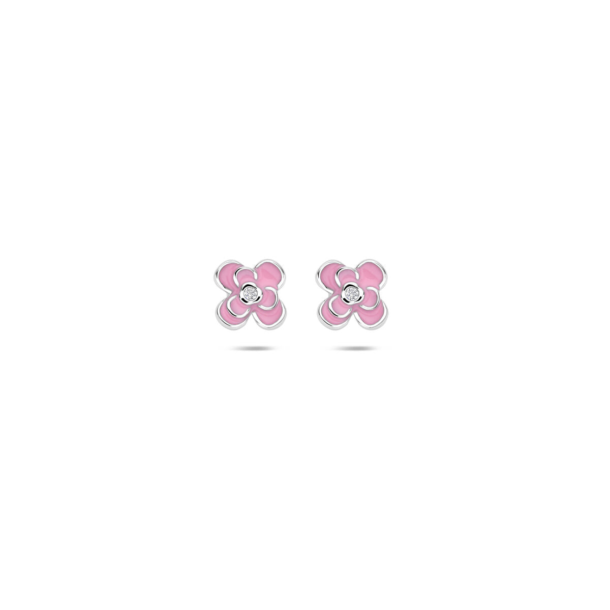 Silberne Ohrstecker im Blumendesign mit rosa Emaille und Zirkonia in der Mitte