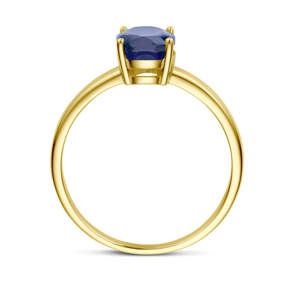 De Van der Kooij Collectie ring saffier 14K geelgoud heeft een ronde, diepblauwe saffier in een klassieke solitaire zetting met vier griffen, gezien van voren met de band als perfecte cirkel.
