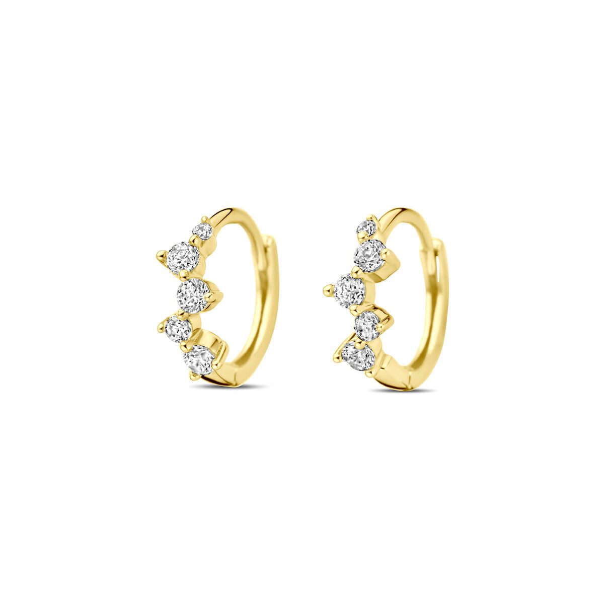 Klapp-Ohrringe aus 14K Gelbgold mit Zirkonia, Durchmesser 10,5 mm, drei funkelnde Steine