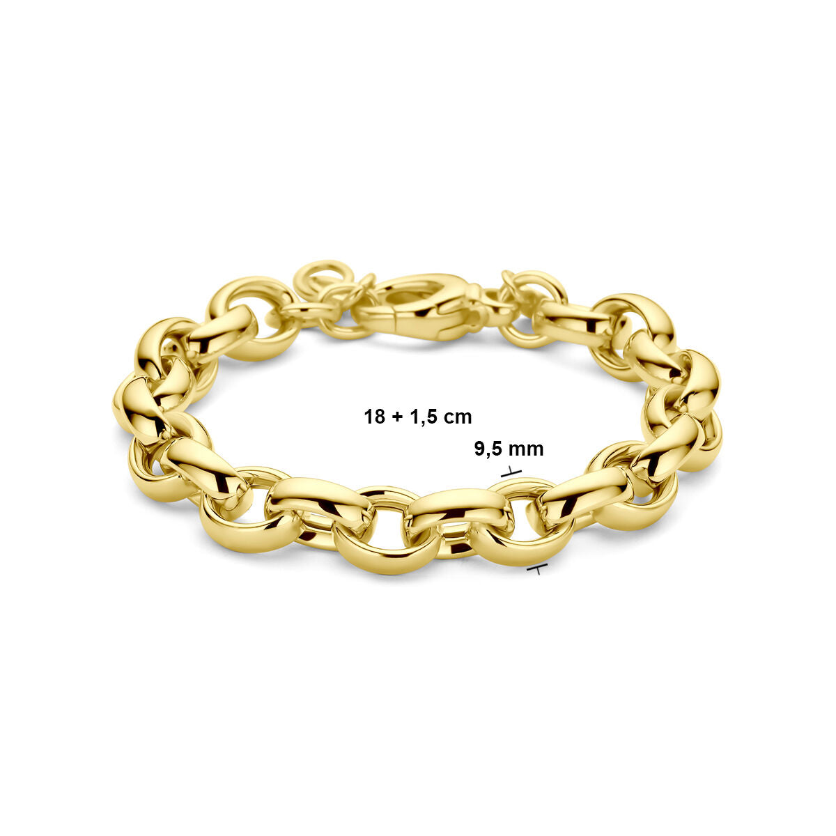 De Van der Kooij Collectie armband ovaal jasseron, 9,5 mm breed en 19,5 cm lang, is verguld met 3 micron geel zilver en schittert met ovale schakels op een witte achtergrond.