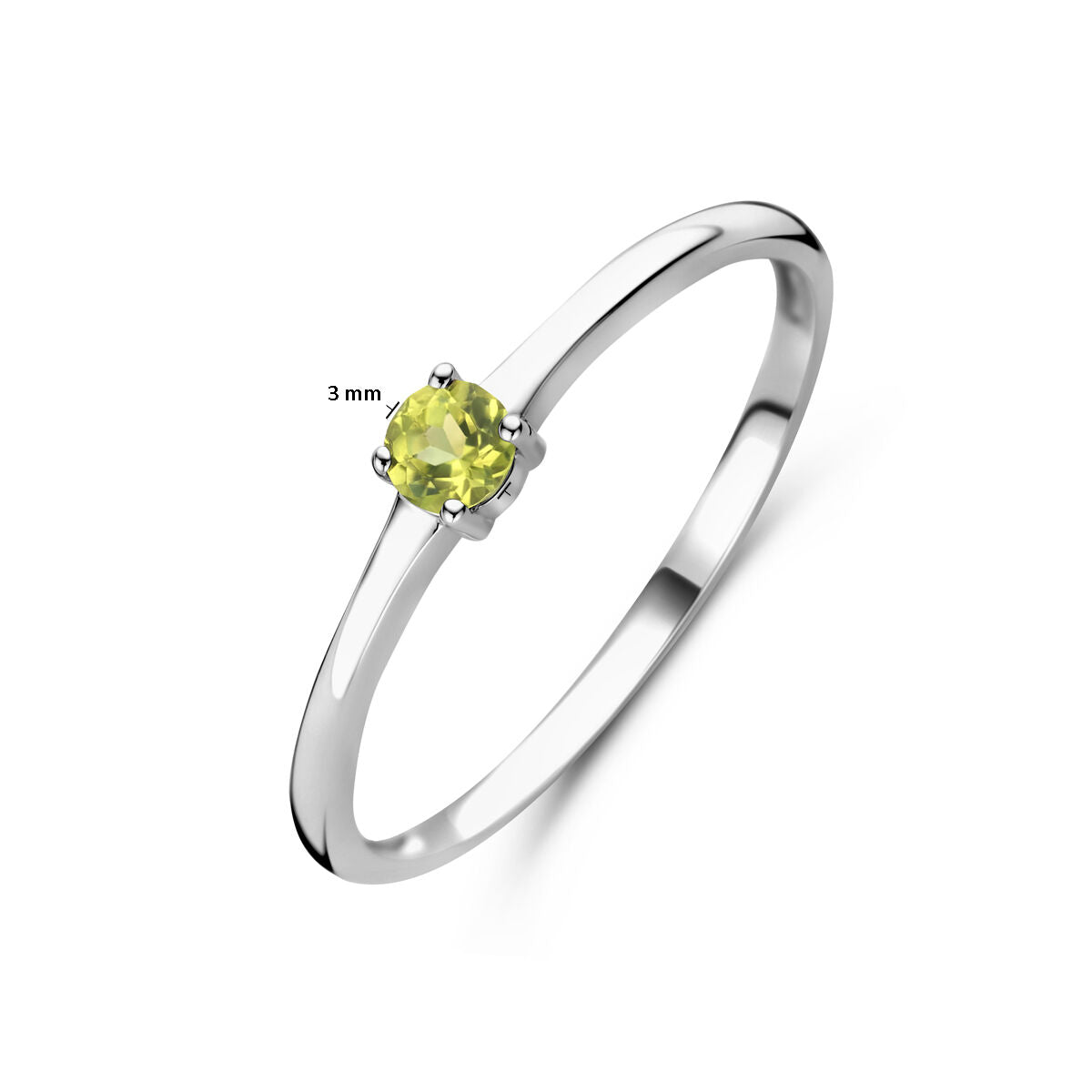 De Van der Kooij Collectie ring met geboortesteen peridot augustus is een gerhodineerde zilveren ring van 925 sterling zilver met een smalle band en een ronde peridot (3 mm) in vierpoots zetting.