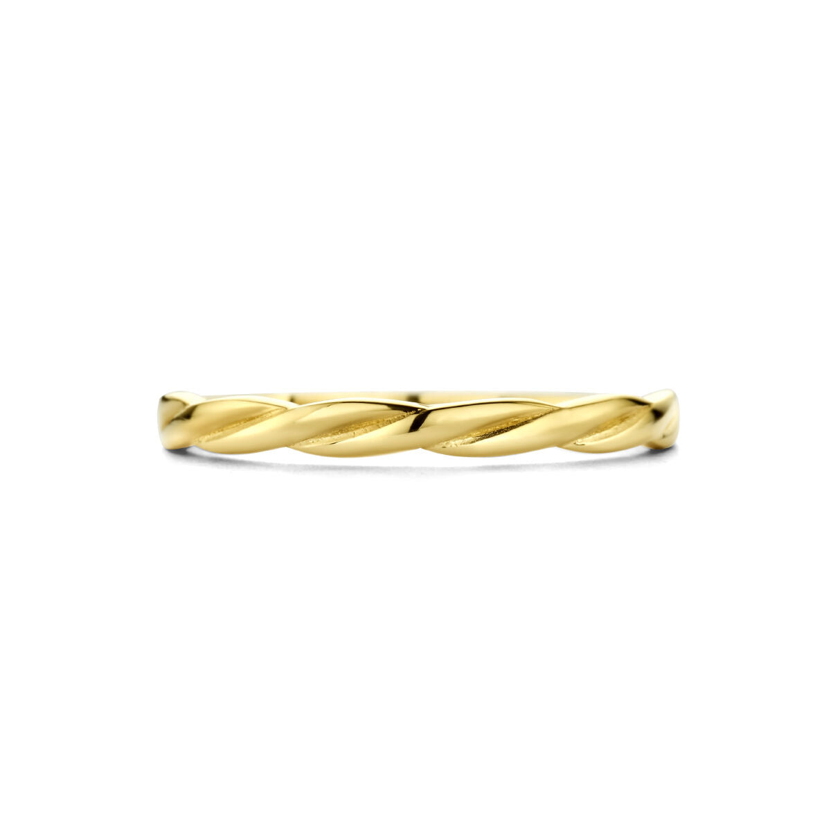 De Van der Kooij Collectie ring gedraaid 14K geelgoud is een dunne, gedraaide damesring in touwstijl, elegant weergegeven tegen een witte achtergrond.