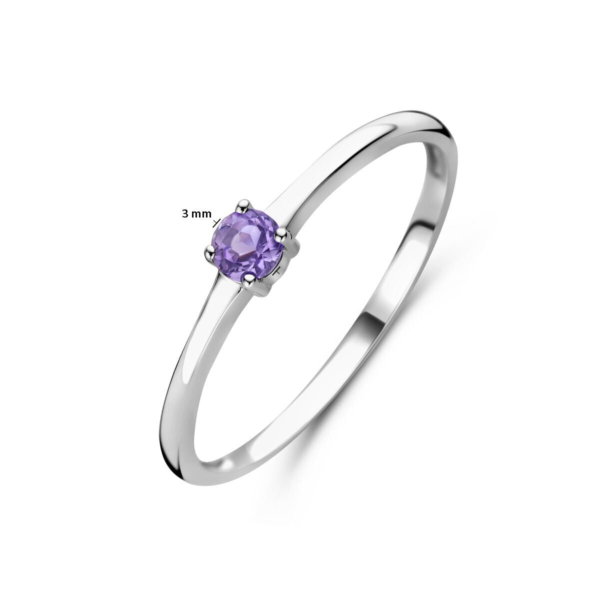 De Van der Kooij Collectie ring met geboortesteen licht amethist juni is een gerhodineerde zilveren damesring met smalle band en 3 mm ronde licht amethist in vierpoots zetting, getoond op een witte achtergrond.