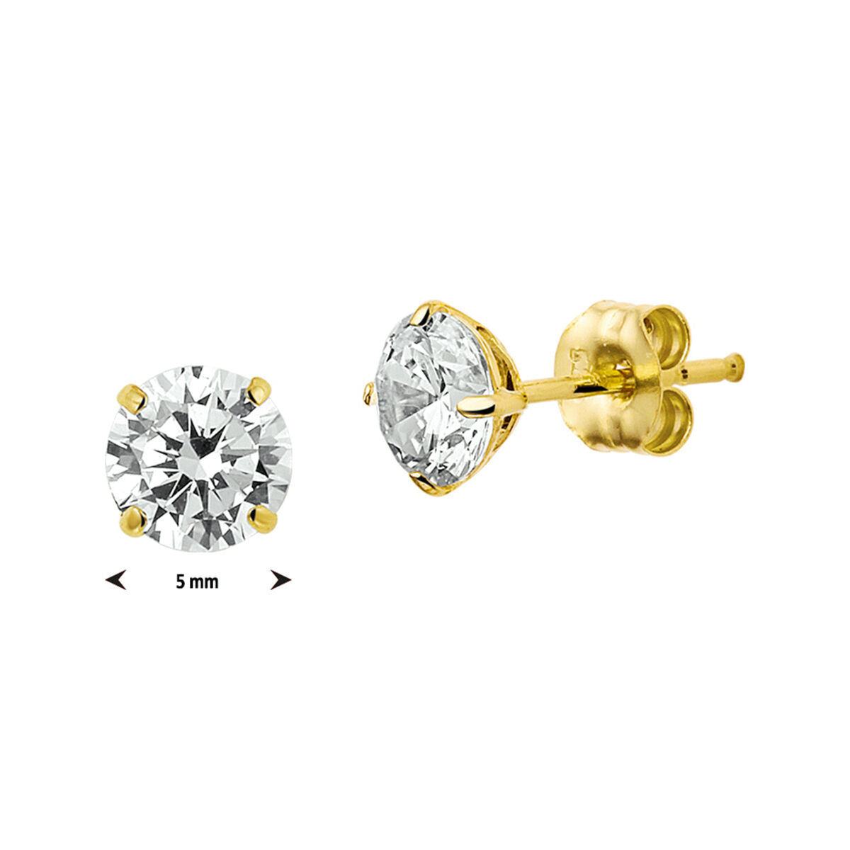 Een paar oorknoppen zirkonia 14K geelgoud van Van der Kooij Collectie getoond met vlinder push-back sluiting; één oorbel is frontaal bekeken, de andere van opzij, met een 5 mm maataanduiding.
