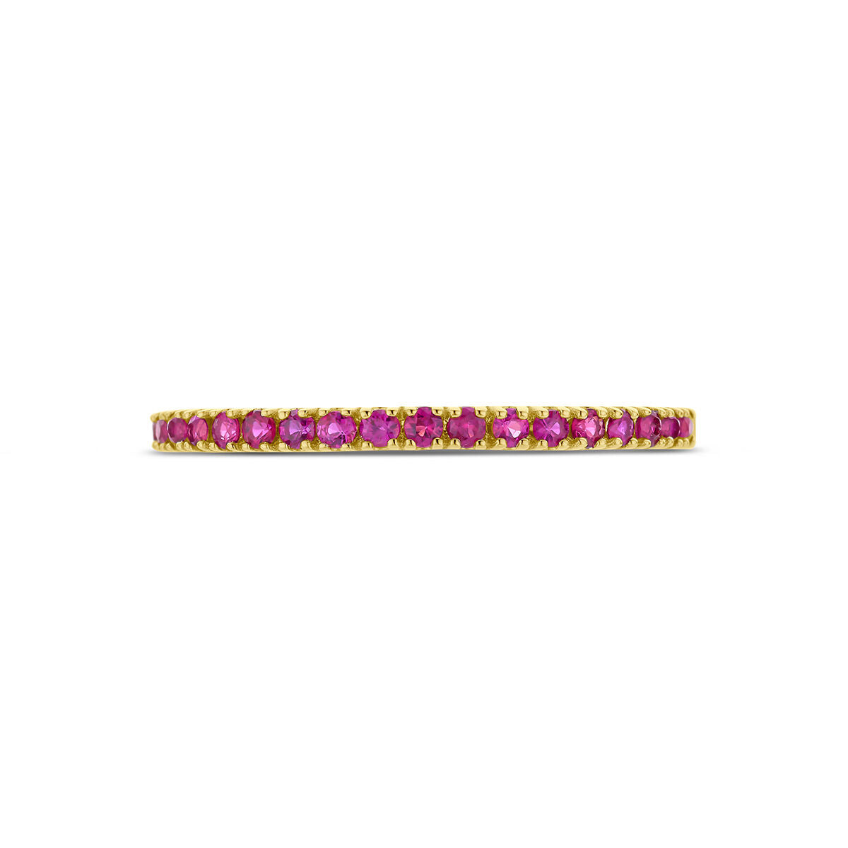 Een delicate Van der Kooij Collectie 14K geelgouden ring met geboortesteen robijn (juli), bezet met kleine ronde robijnen rondom, getoond tegen een witte achtergrond.