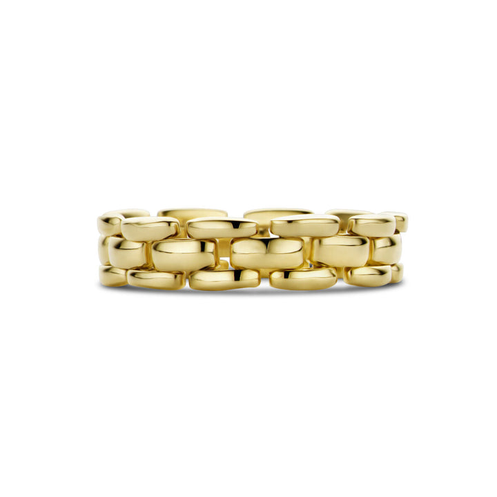 De Van der Kooij Collectie ring flexibele schakel 14K geelgoud heeft een grof, in elkaar grijpend kettingontwerp in geelgoud op een effen witte achtergrond.