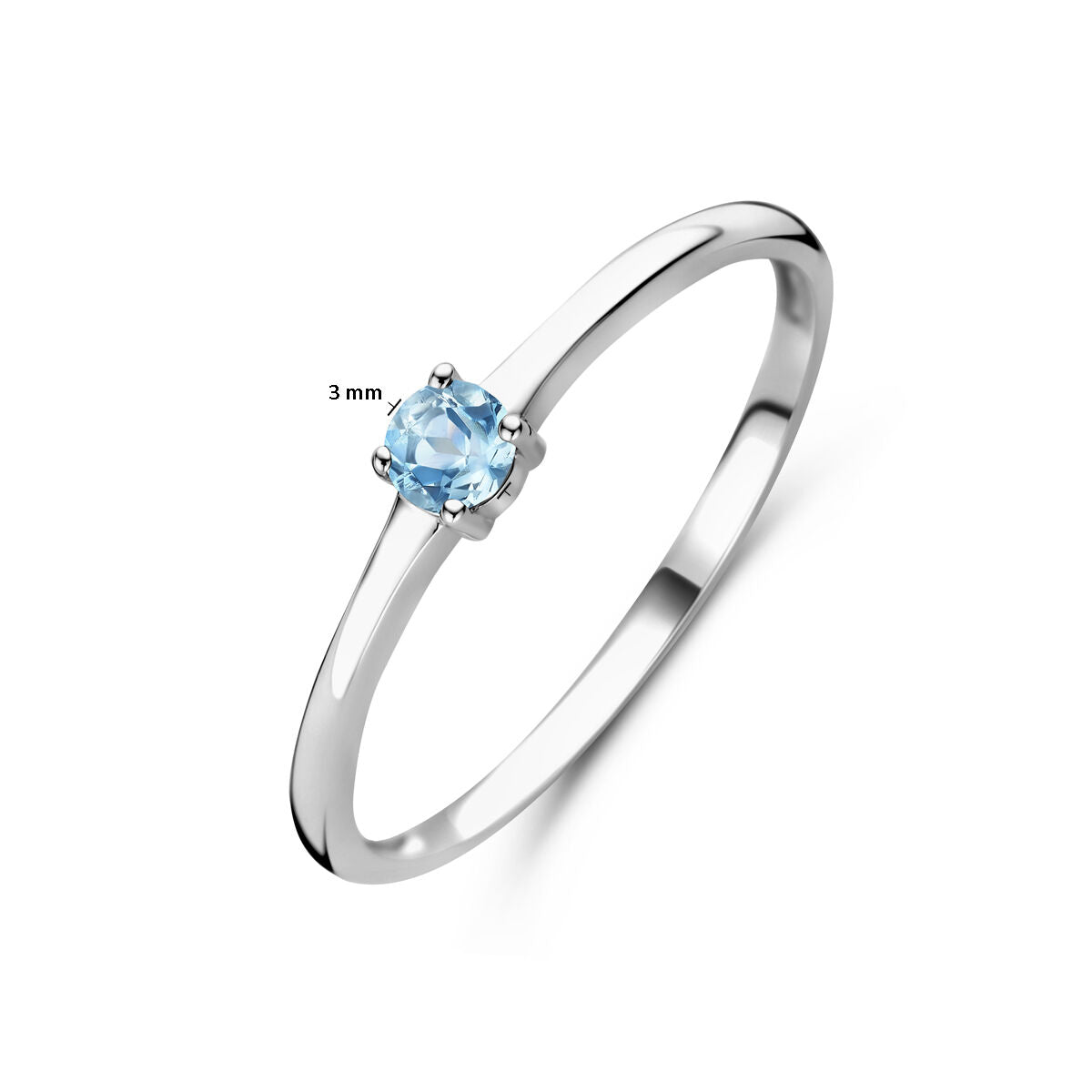 De Van der Kooij Collectie ring met geboortesteen aquamarijn maart is gemaakt van gerhodineerd 925 zilver en heeft een elegante, gepolijste band met een ronde, 3 mm aquamarijn in een vierpoots zetting.