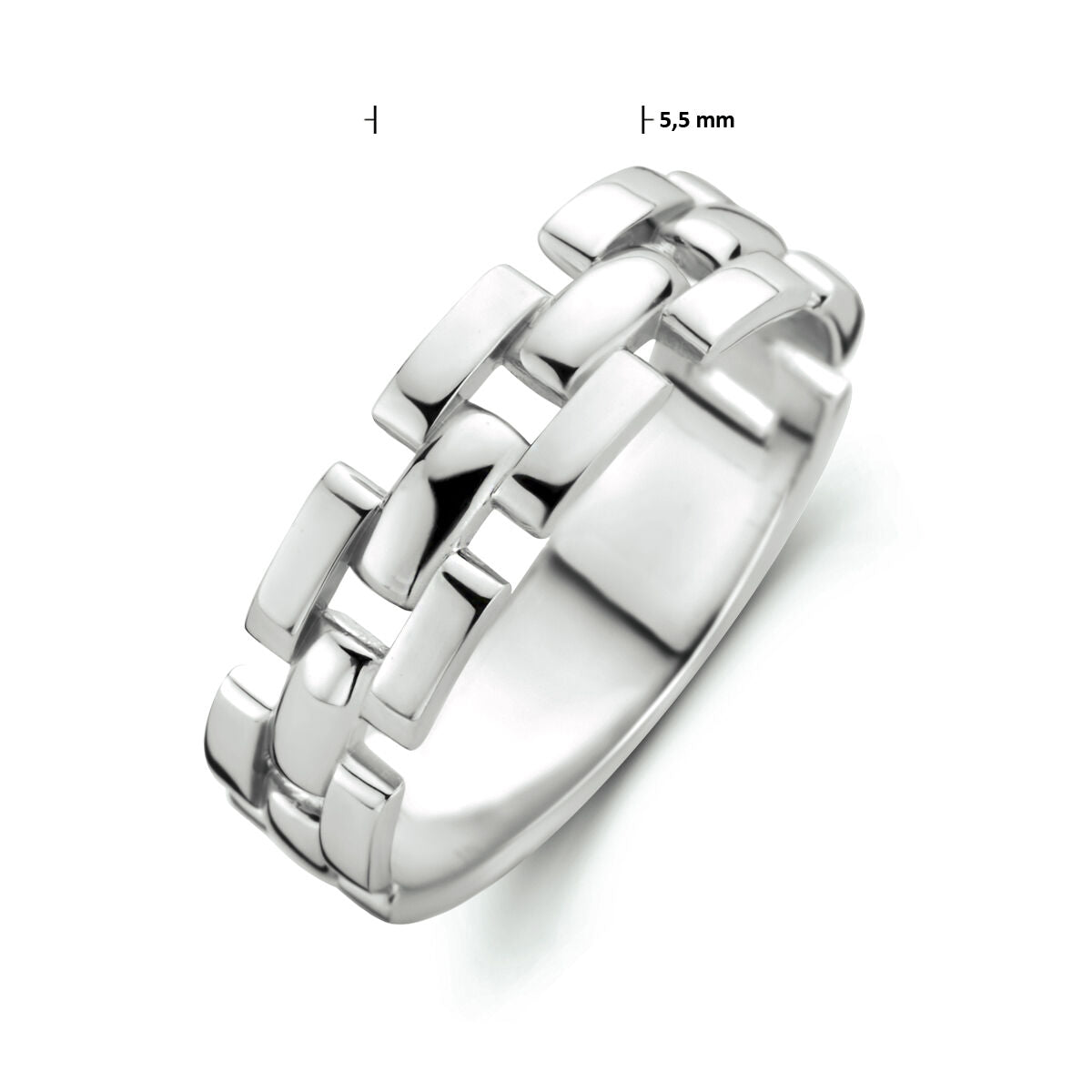 De Van der Kooij Collectie ring schakel zilver gerhodineerd is 5,5 mm breed en heeft een tijdloos, in elkaar grijpend rechthoekig motief dat schittert op een witte achtergrond.