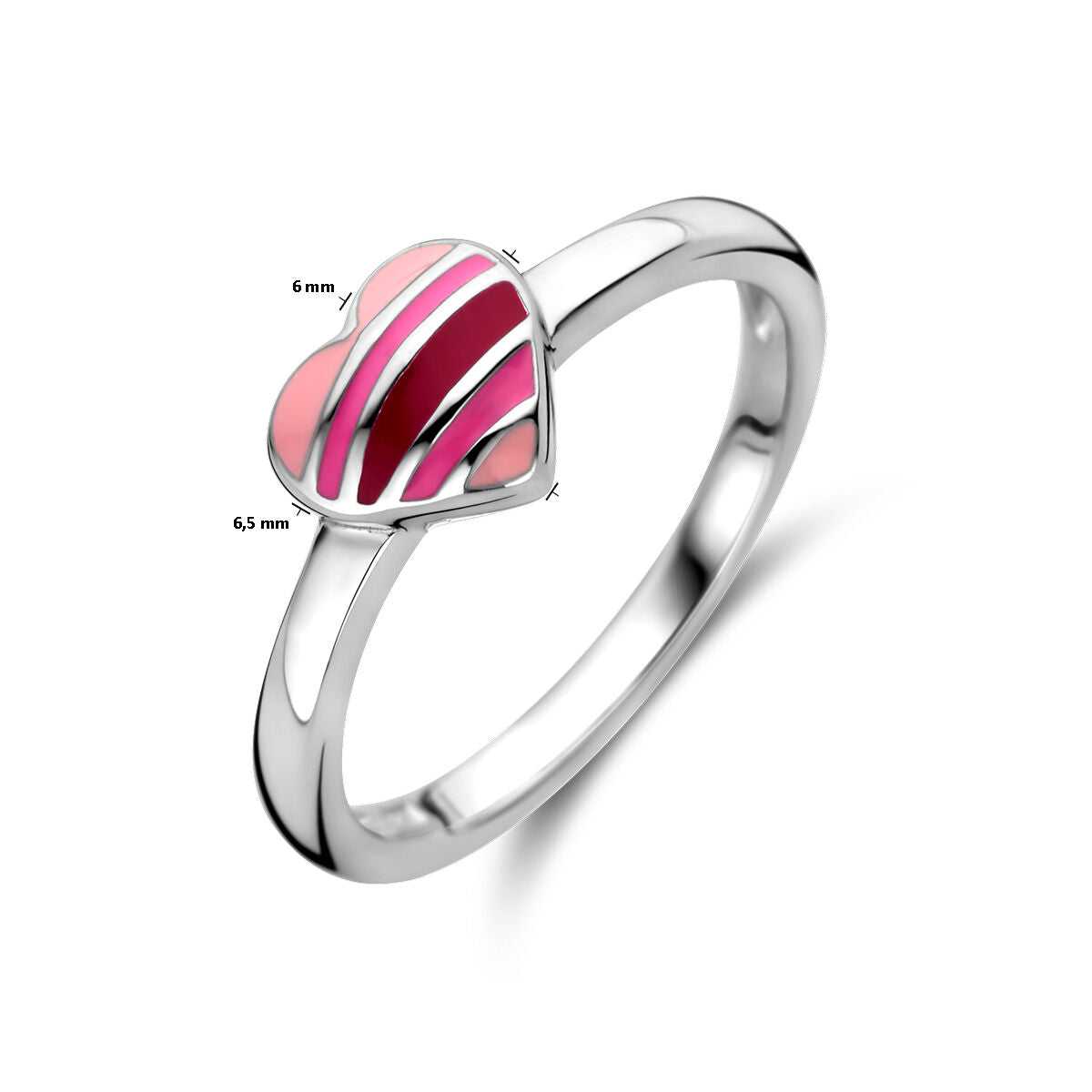 De Van der Kooij Collectie ring hart zilver gerhodineerd is een 925 zilveren kinderring met roze en magenta emaille strepen, hartontwerp en een ringtopje van 6 x 6,5 mm, afgebeeld tegen een witte achtergrond.