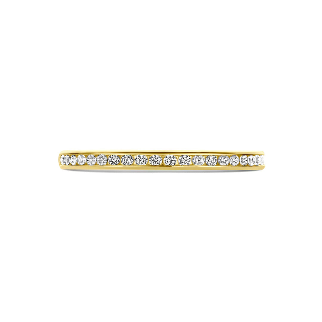 Aanschuifring zirkonia 14K geelgoud van Van der Kooij Collectie, met een rij transparante zirkonia langs de bovenzijde van de band, getoond tegen een witte achtergrond.