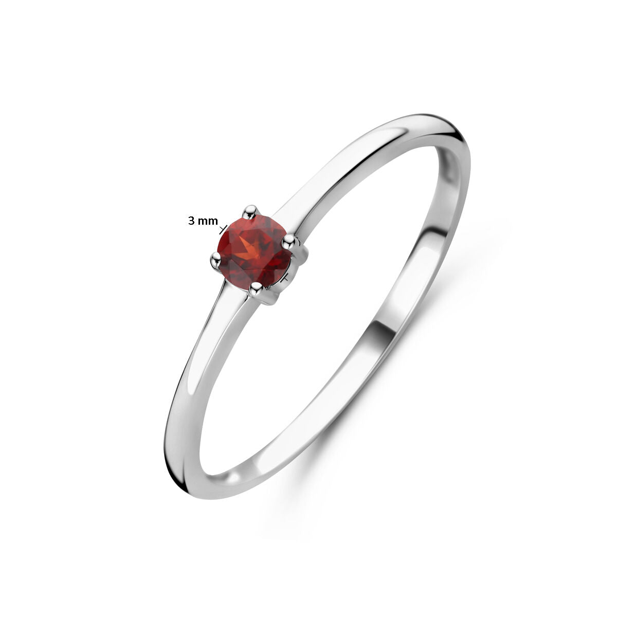 De Van der Kooij Collectie ring met geboortesteen granaat januari is een zilver gerhodineerd dames sieraad met een 3 mm ronde granaat in een vierpoots zetting - een tijdloos, minimalistisch ontwerp voor dagelijks gebruik.