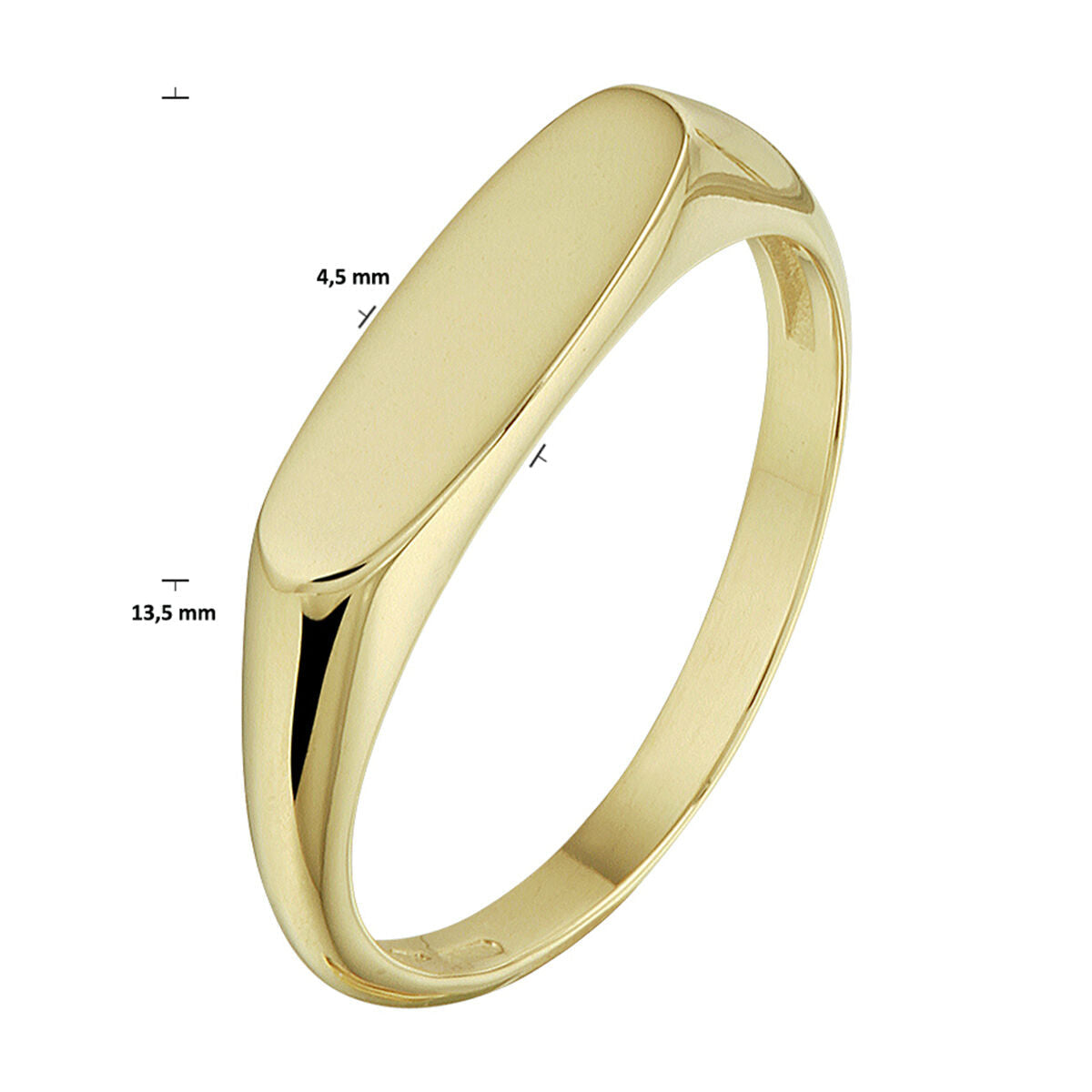 De Van der Kooij Collectie geelgoud 14K is een eenvoudige, gepolijste zegelring met een ovaal gezicht (4,5 mm x 13,5 mm), afgebeeld tegen een witte achtergrond.