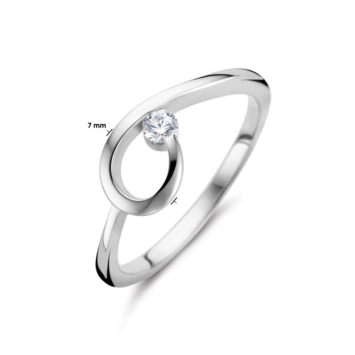 Een Van der Kooij Collectie ring zirkonia zilver gehodineerd met een modern open swirl-ontwerp, met een centrale ronde zirkonia en een gelabelde hoogte van 7 mm, weergegeven tegen een effen witte achtergrond.
