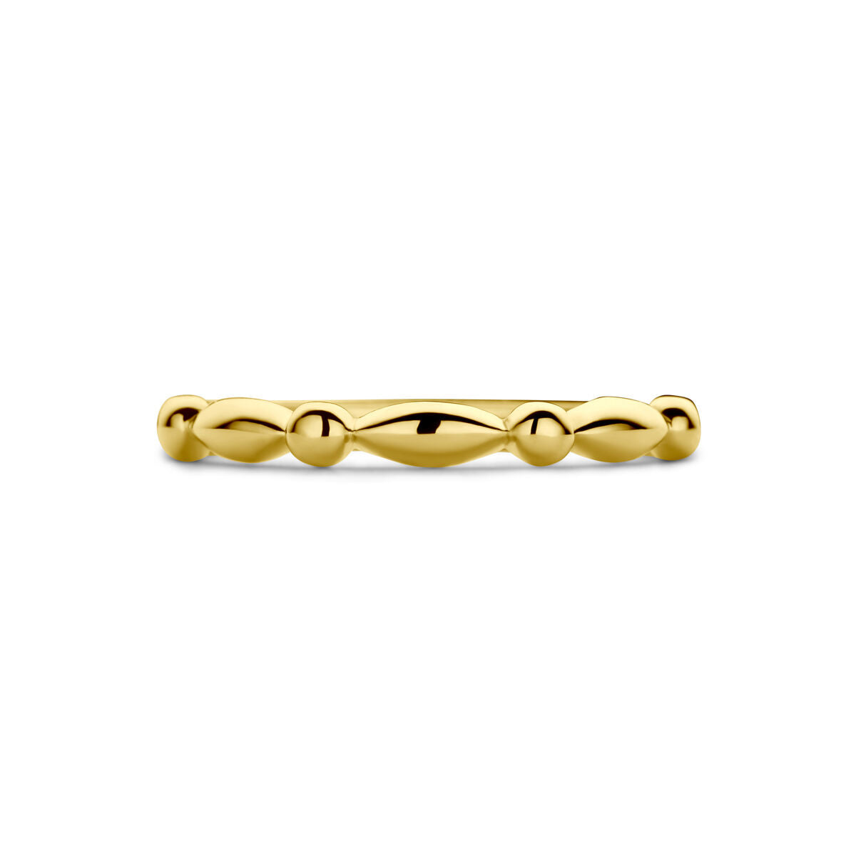 Een 14K geelgoud ring van Van der Kooij Collectie met een afwisselend patroon van kleine ronde en langwerpige ovale kralen langs de band, afgebeeld op een witte achtergrond.