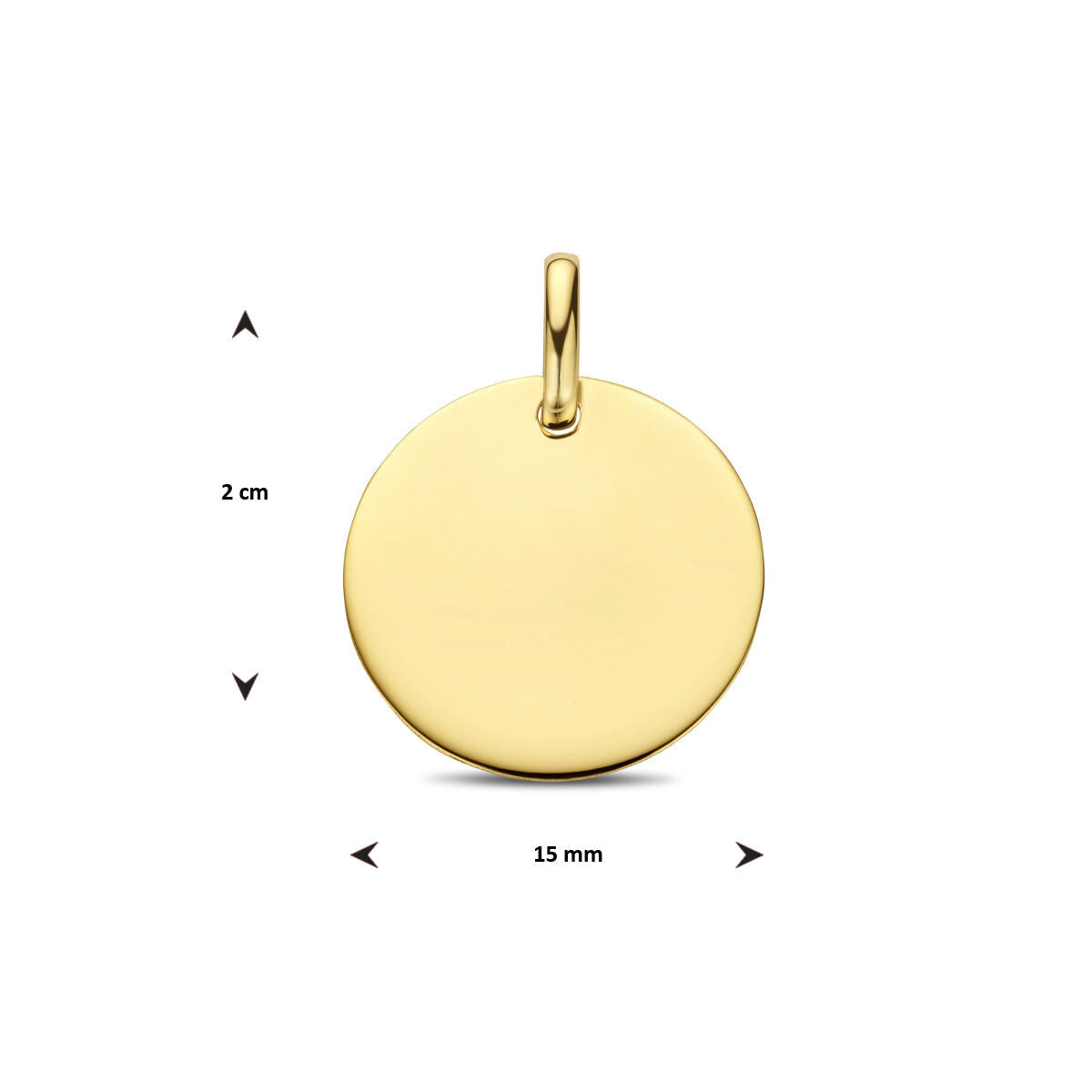 De graveerhanger rond 14K geelgoud van Van der Kooij Collectie heeft een gladde afwerking, is 2 cm hoog en 15 mm breed-perfect voor persoonlijke gravure. Getoond tegen een witte achtergrond met pijlen bij de afmetingen.