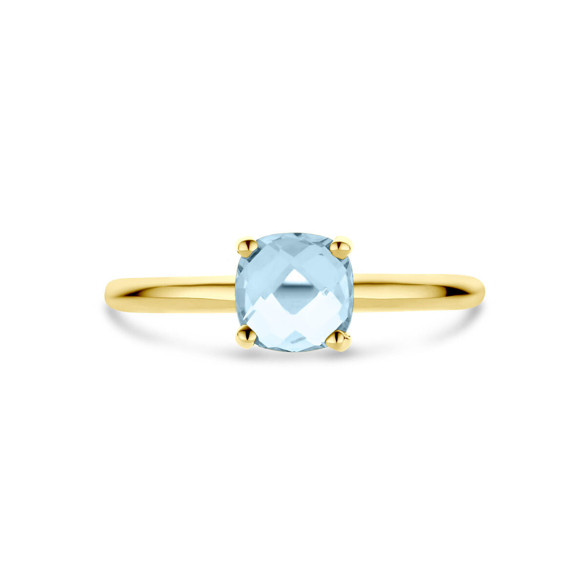 De Van der Kooij Collectie ring topaas 14K geelgoud is een delicate gouden ring met een dunne band, waarop een cushion-cut blauwe topaas edelsteen in een vier-punts zetting.