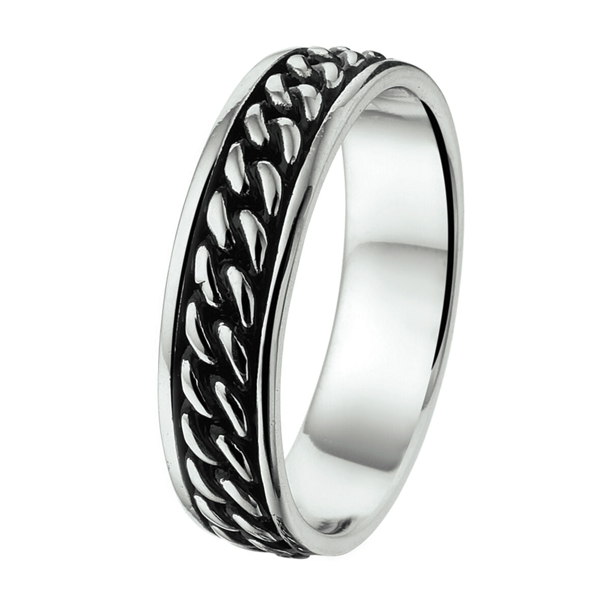 Ring aus oxidiertem Silber mit geflochtenem Muster und glänzender Oberfläche