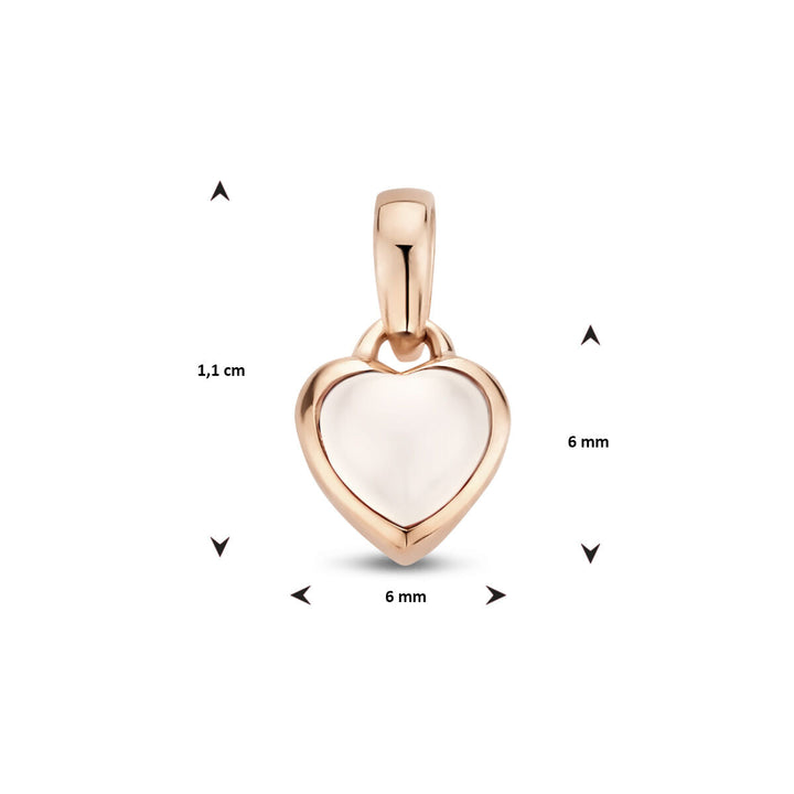 De Van der Kooij Collectie hanger hart maansteen 14K roségoud heeft een hartvormige hanger van 1,1 cm x 6 mm x 6 mm met een glad wit middenstuk en een roségouden frame, plus een oogje om de hanger eenvoudig aan een ketting te bevestigen.