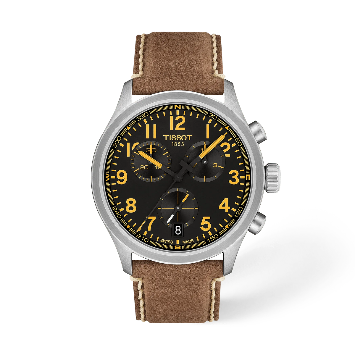 Herrenchronograph mit schwarzem Zifferblatt, gelben Ziffern und braunem Lederarmband