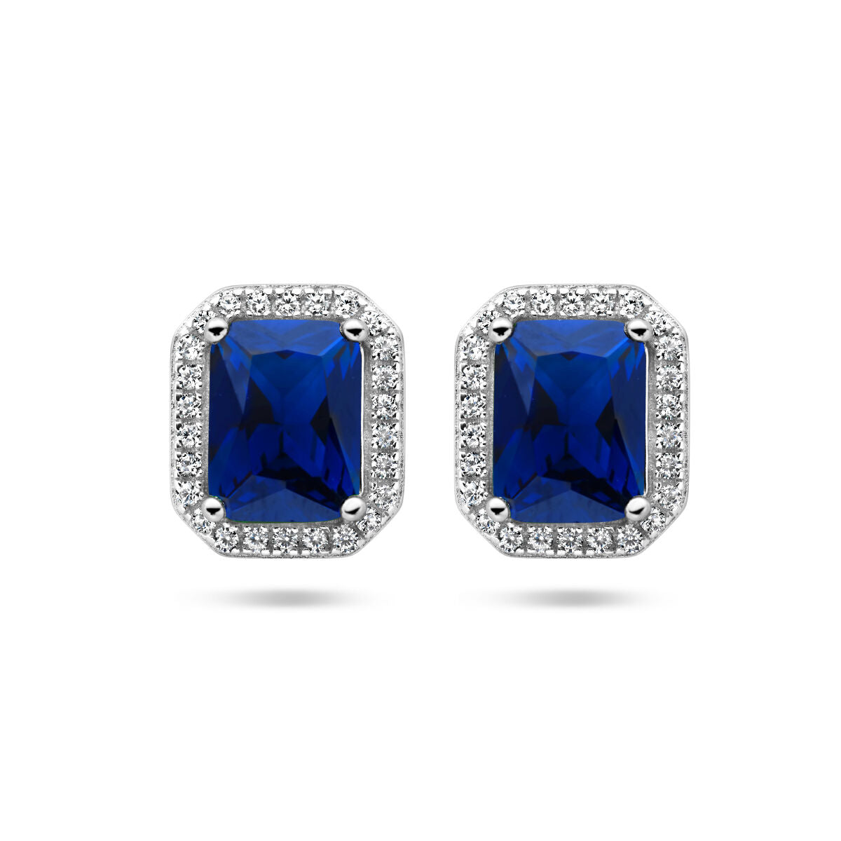 Ohrstecker mit blauen und weißen Zirkonia, rhodiniertes Silber, rechteckige Form mit Halo-Design