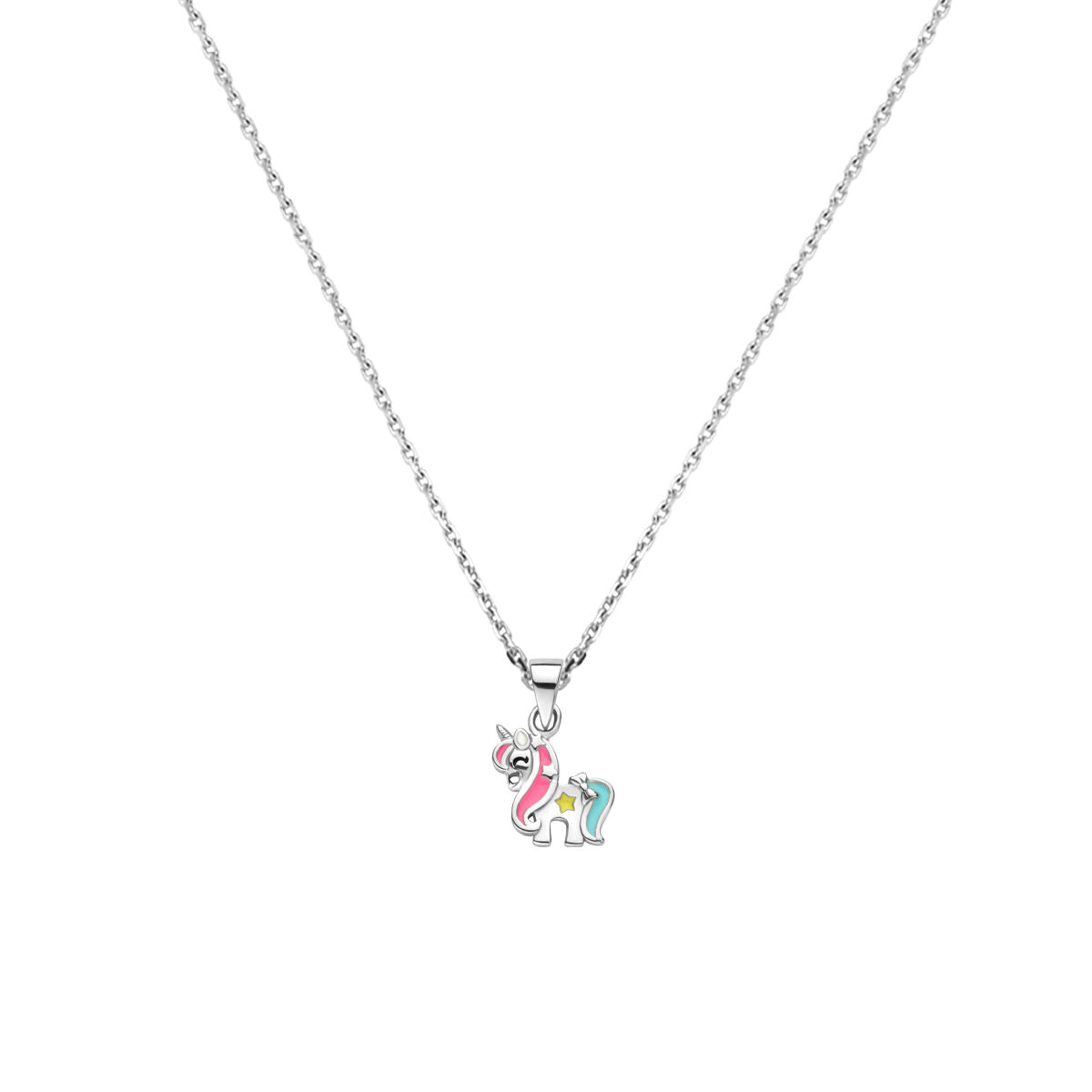 Collier mit einem rhodinierten Anhänger in Form eines Einhorns mit bunten Details