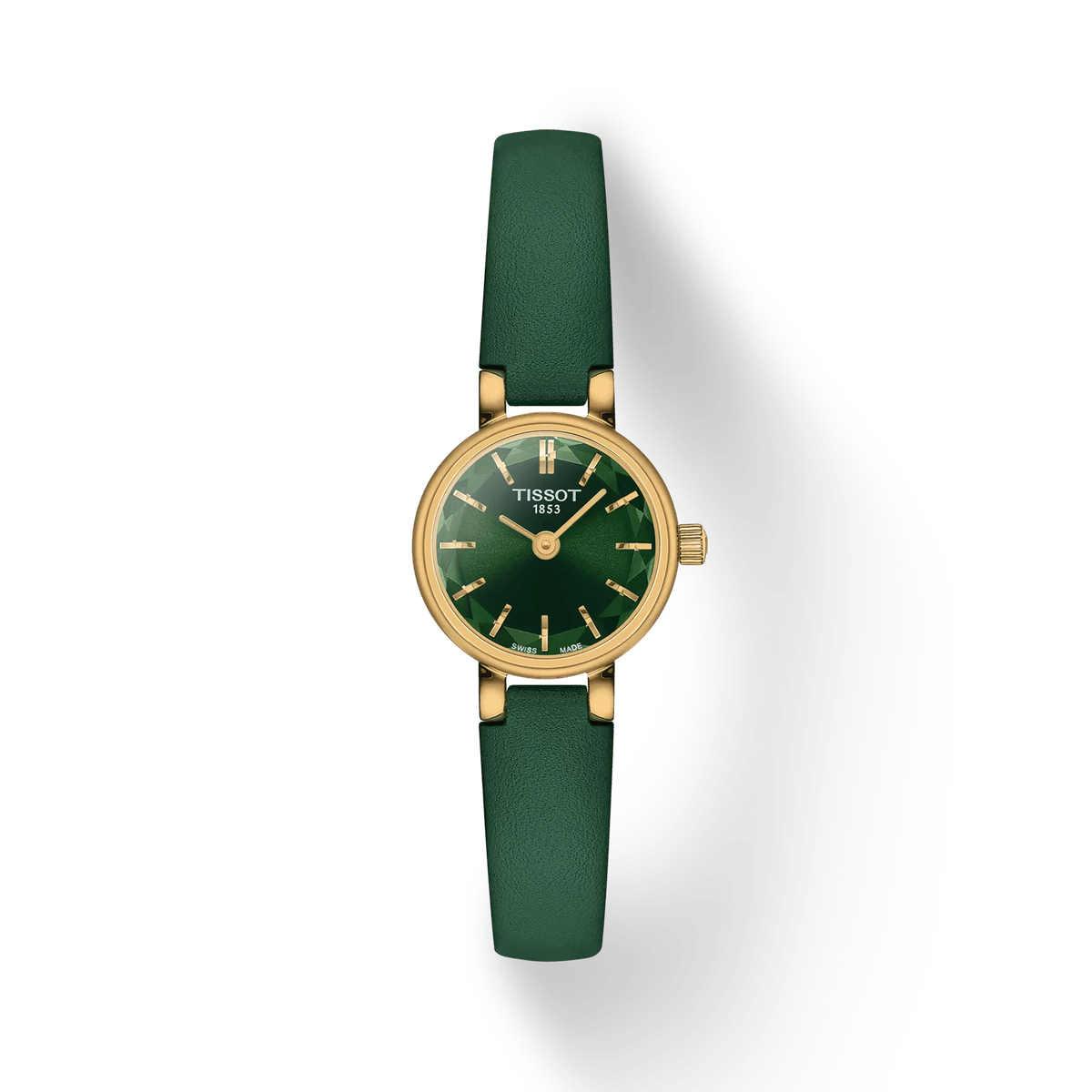 Damenarmbanduhr mit grünem Zifferblatt, goldfarbenem Gehäuse und grünem Lederarmband
