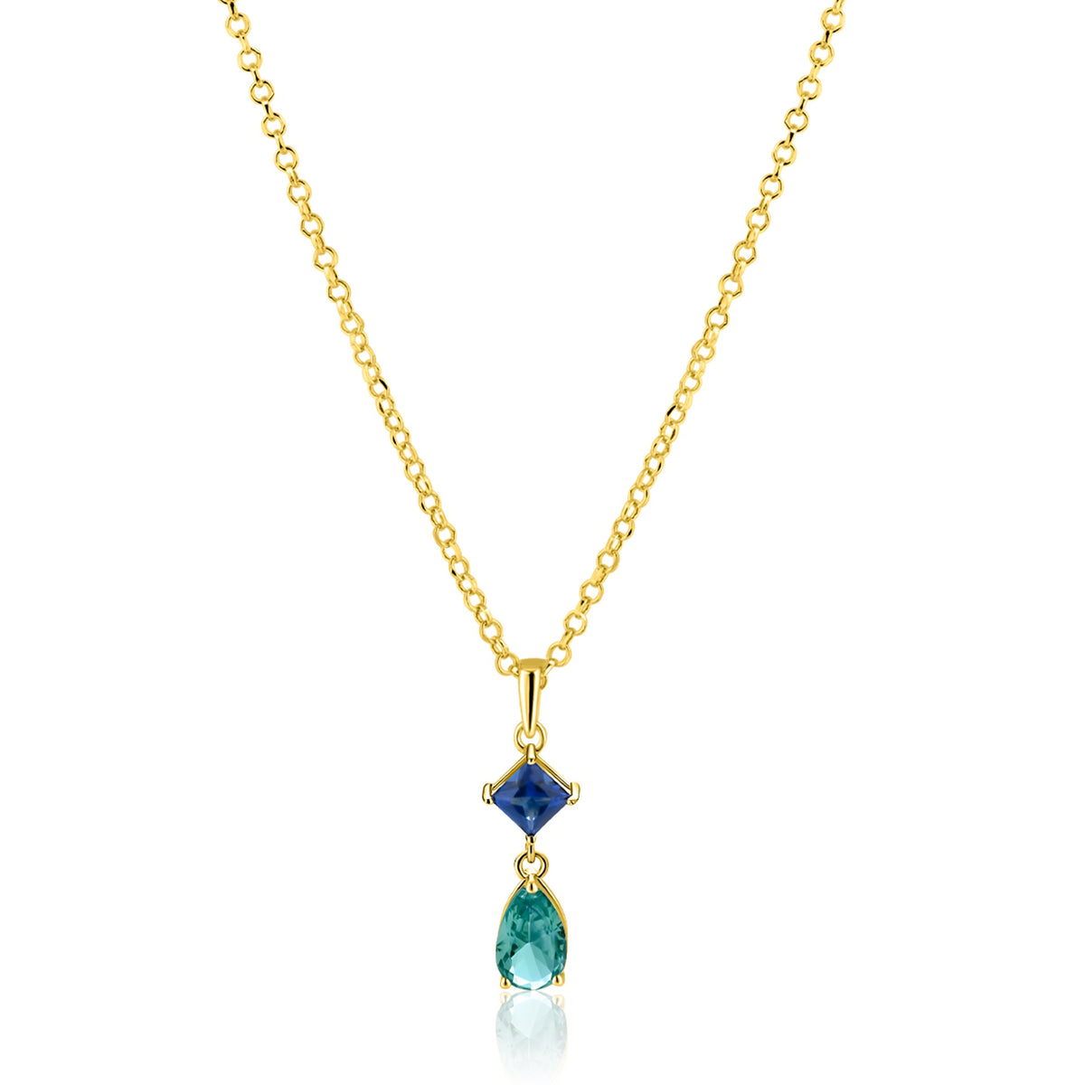 Halskette mit goldener Kette, blauer und grüner Edelsteinanhänger in verschiedenen Formen