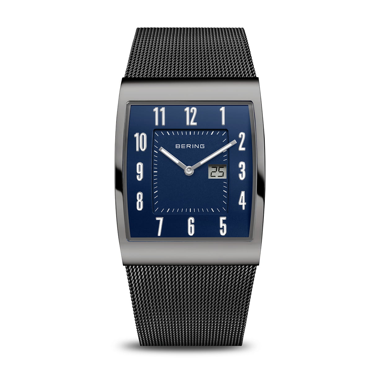 Herrenarmbanduhr mit blauem Zifferblatt, rechteckigem Gehäuse und schwarzem Mesh-Armband