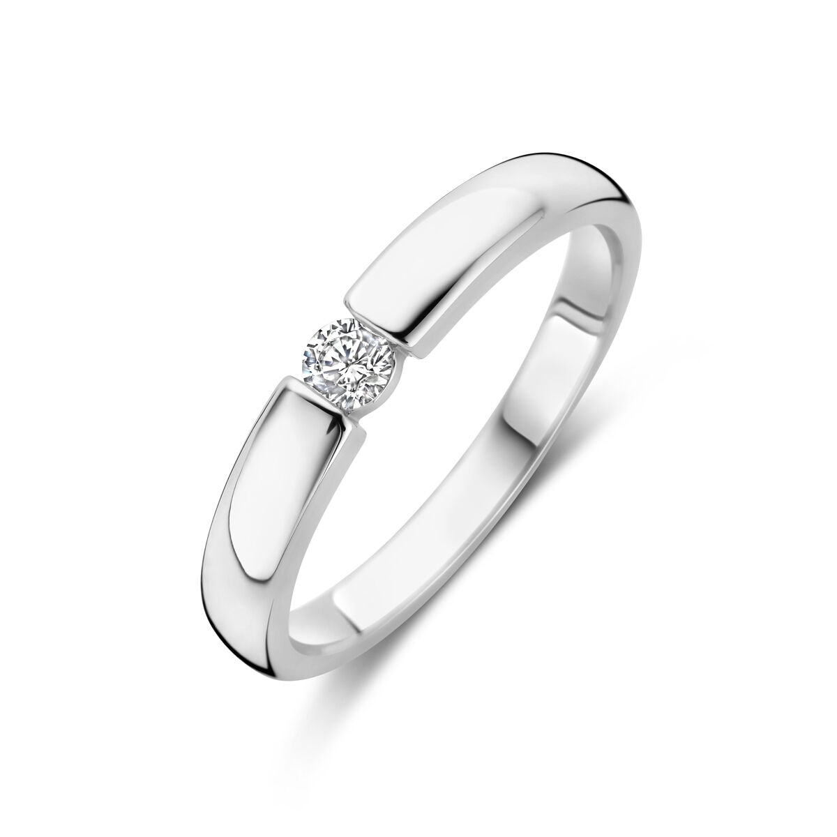 Ring aus rhodiniertem Silber mit rundem Zirkonia in der Mitte
