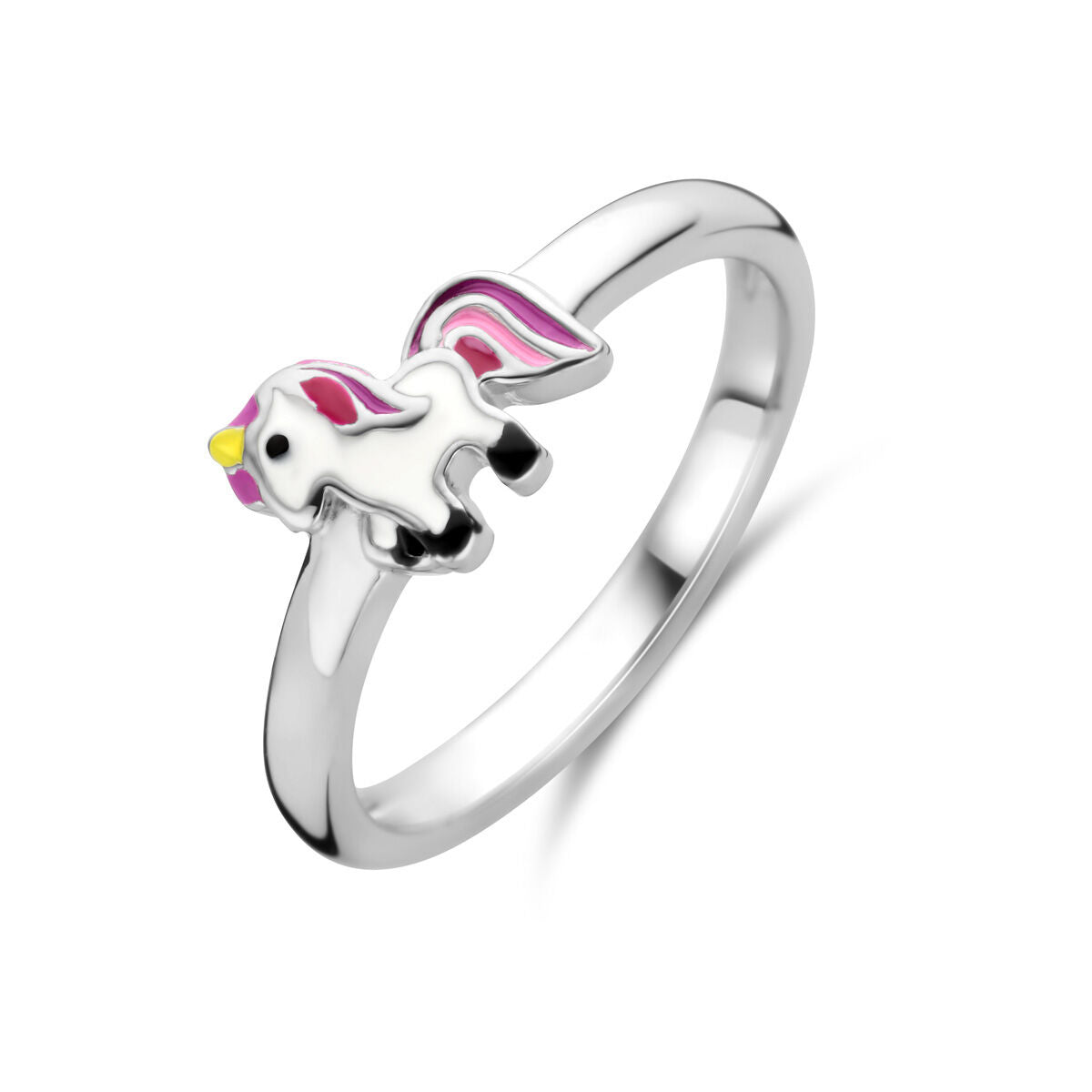 Ring aus rhodiniertem Silber mit einem bunten Einhorn-Motiv
