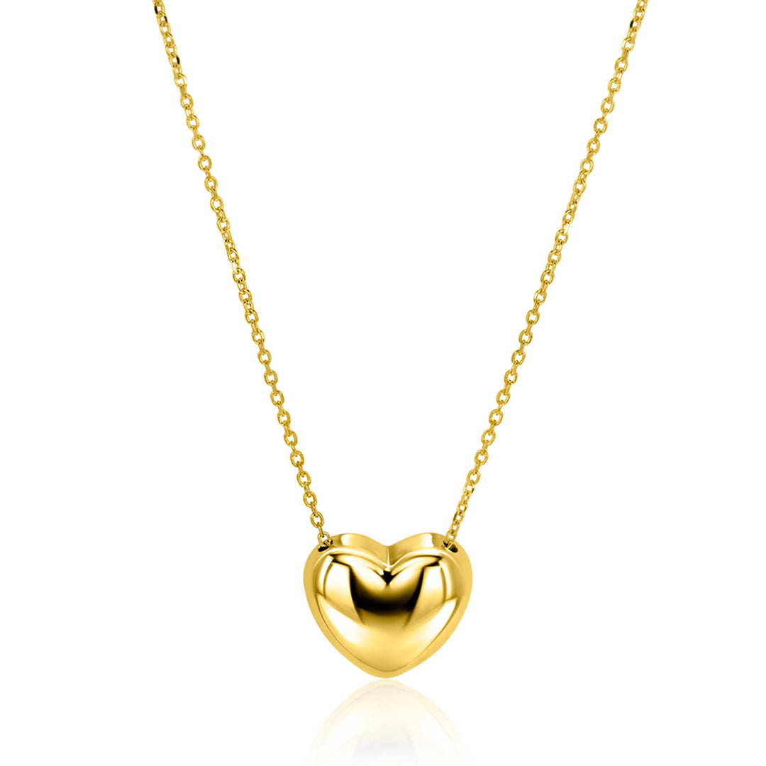 De Zinzi ketting ZIC2672G 40-45 cm van Zinzi heeft een gepolijste, hartvormige hanger aan een fijne gouden ketting, prachtig weergegeven tegen een witte achtergrond.