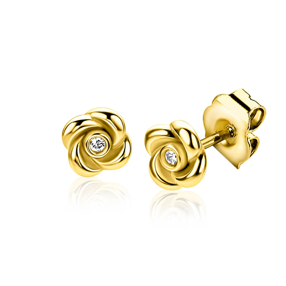 Goldplattierte Silberohrringe in Roséblumenform mit 6mm Durchmesser und einem kleinen Stein.