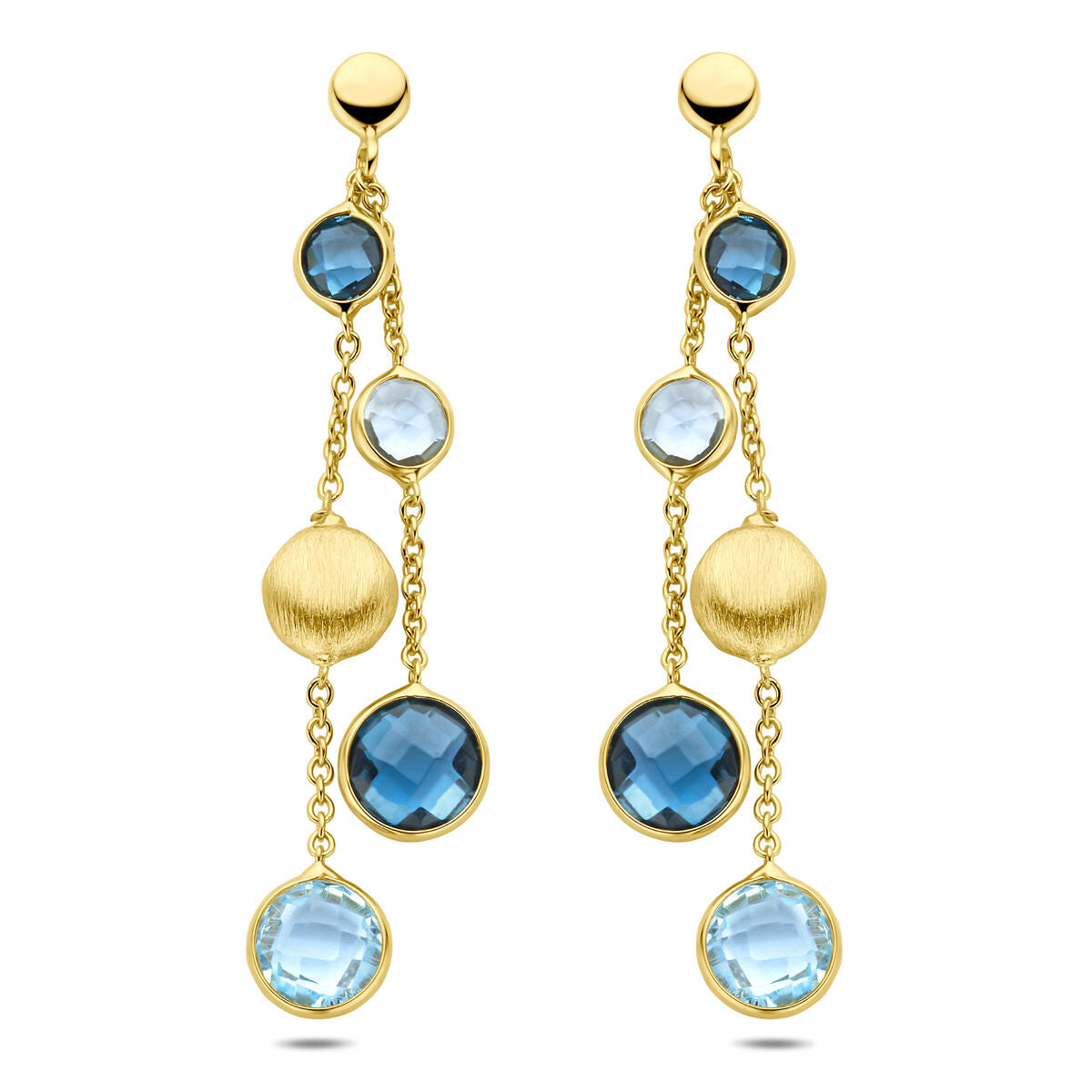 Ohrhänger aus 14K Gelbgold mit runden, facettierten London Blue Topasen und Sky Blue Topasen in verschiedenen Größen