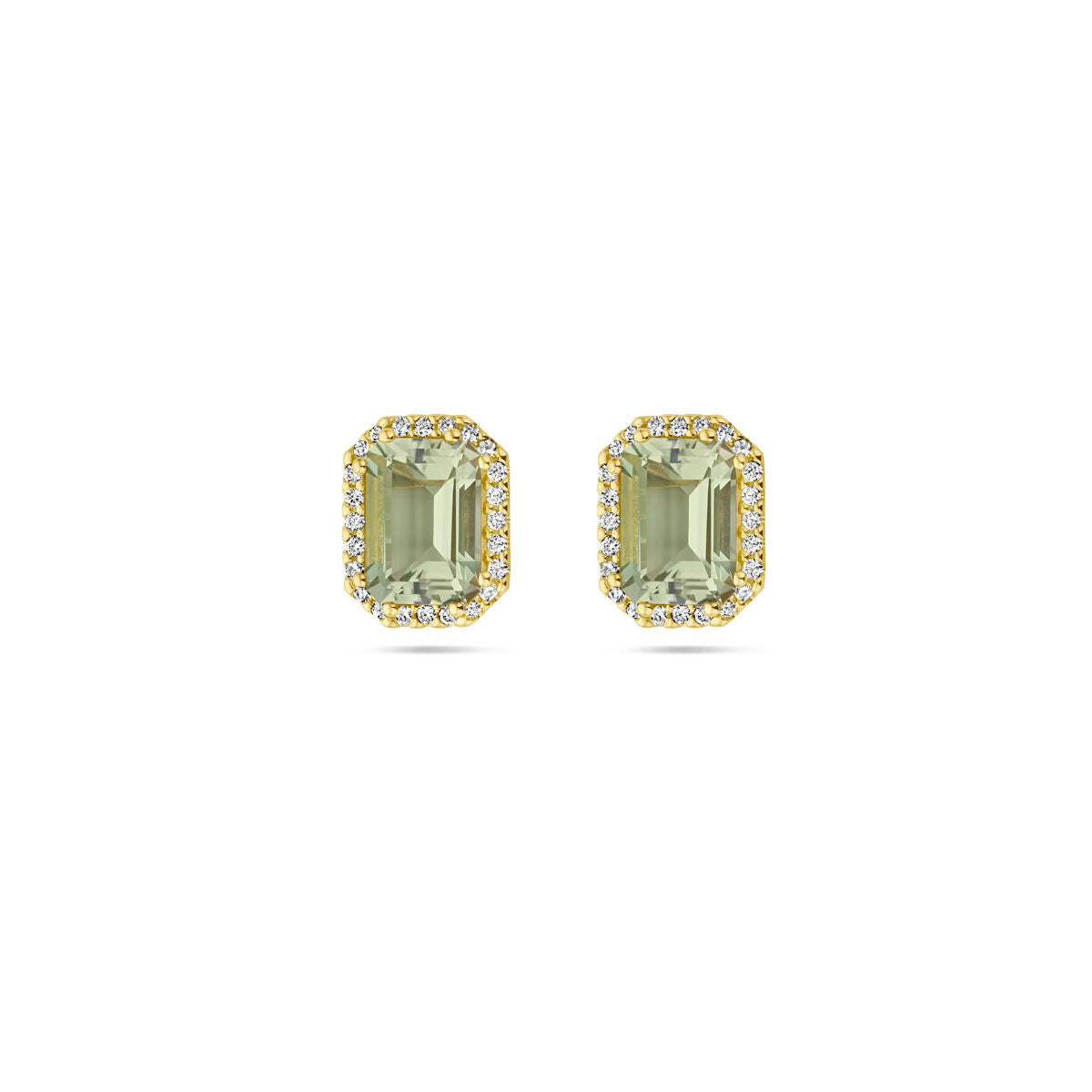 Ohrstecker mit grünem Amethyst und Diamanten (0,14 ct) in 14K Gelbgold mit Halo-Design