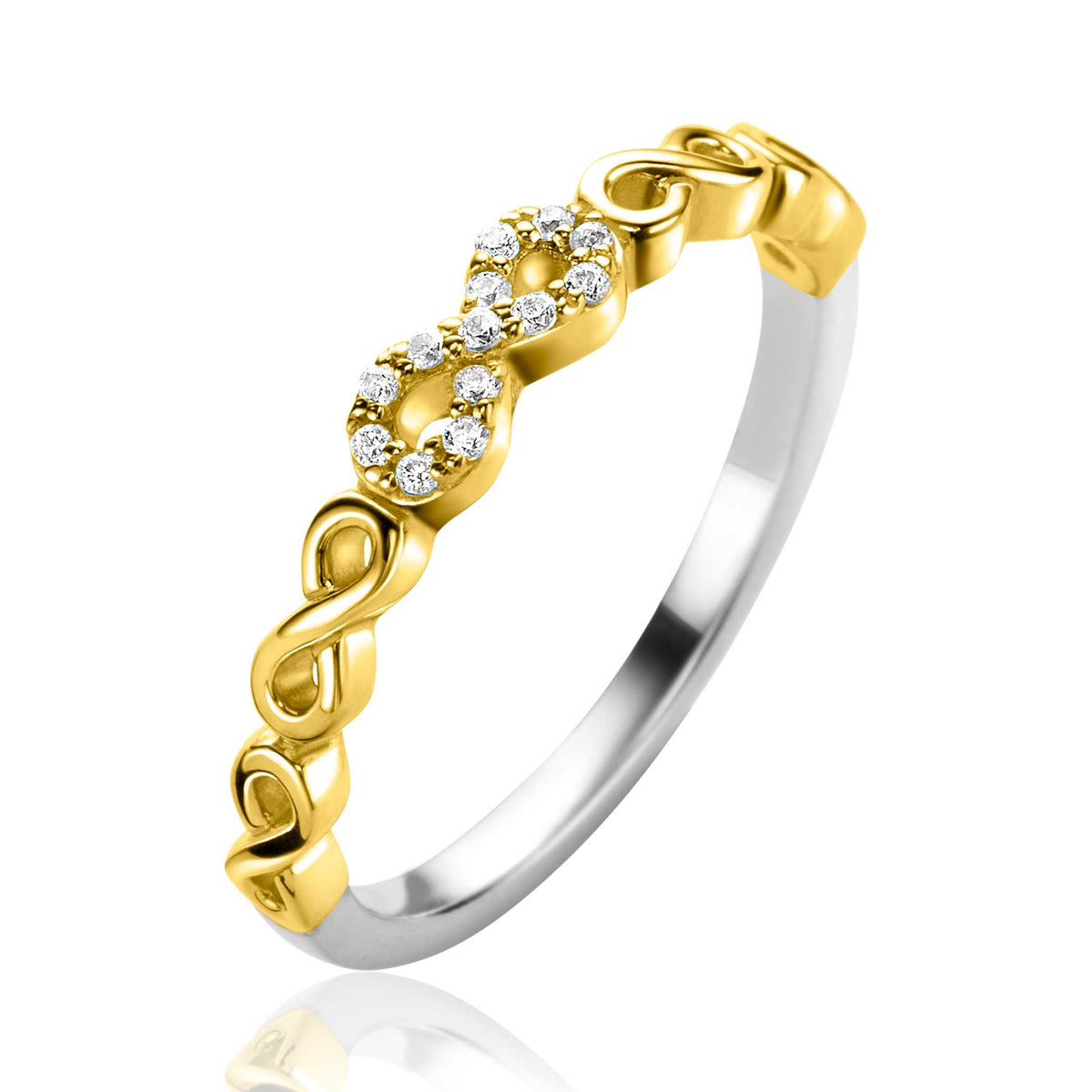 Ring aus Silber mit gelbvergoldetem Design und Zirkonia-Steinen in Unendlichkeitssymbol-Form