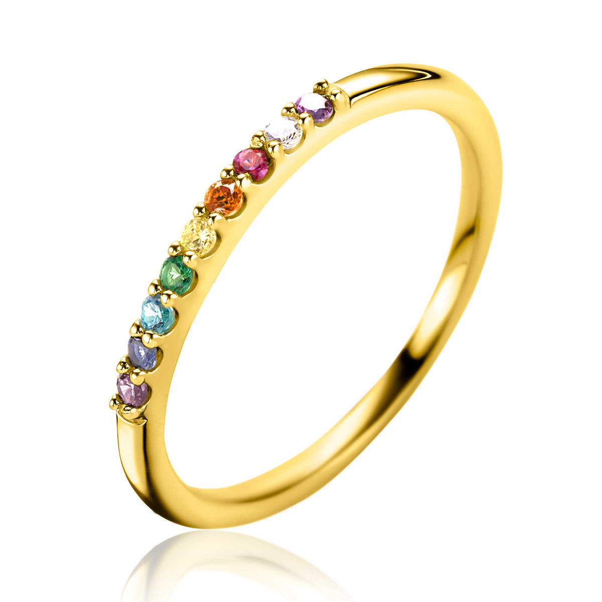 Ring aus Silber mit bunten Edelsteinen in verschiedenen Farben entlang der Fassung