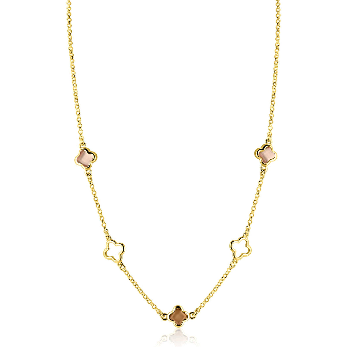 Goldplattiertes Silbercollier mit fünf blütenförmigen Anhängern in Roségold und transparentem Design