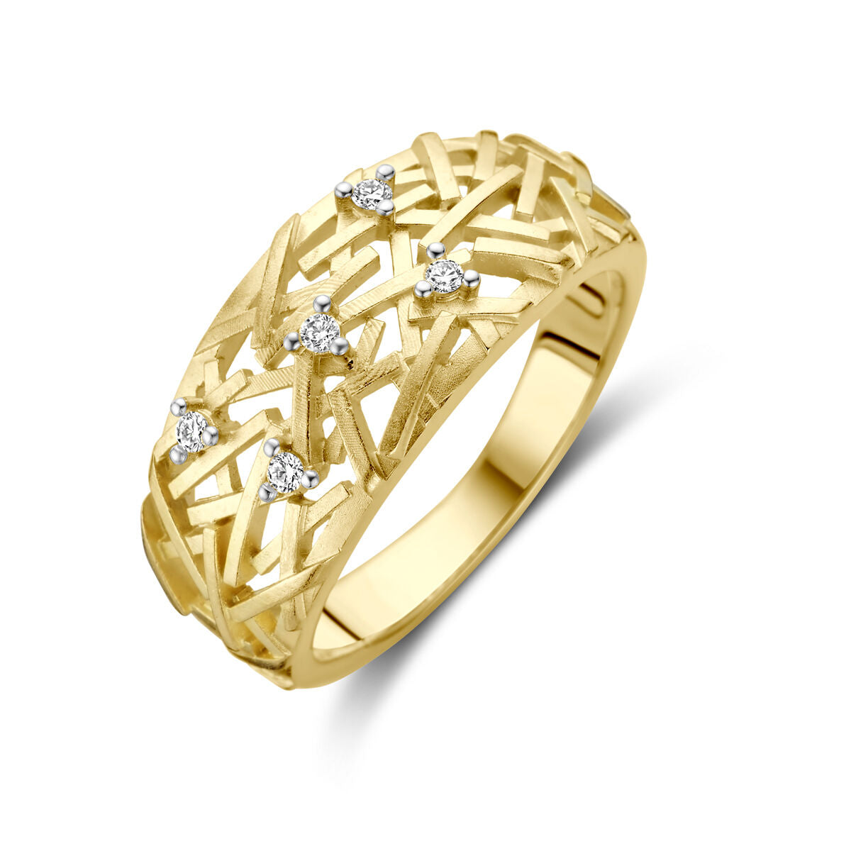 Ring aus 14K Gelbgold mit fünf Diamanten von 0,06 ct in einer geflochtenen Struktur