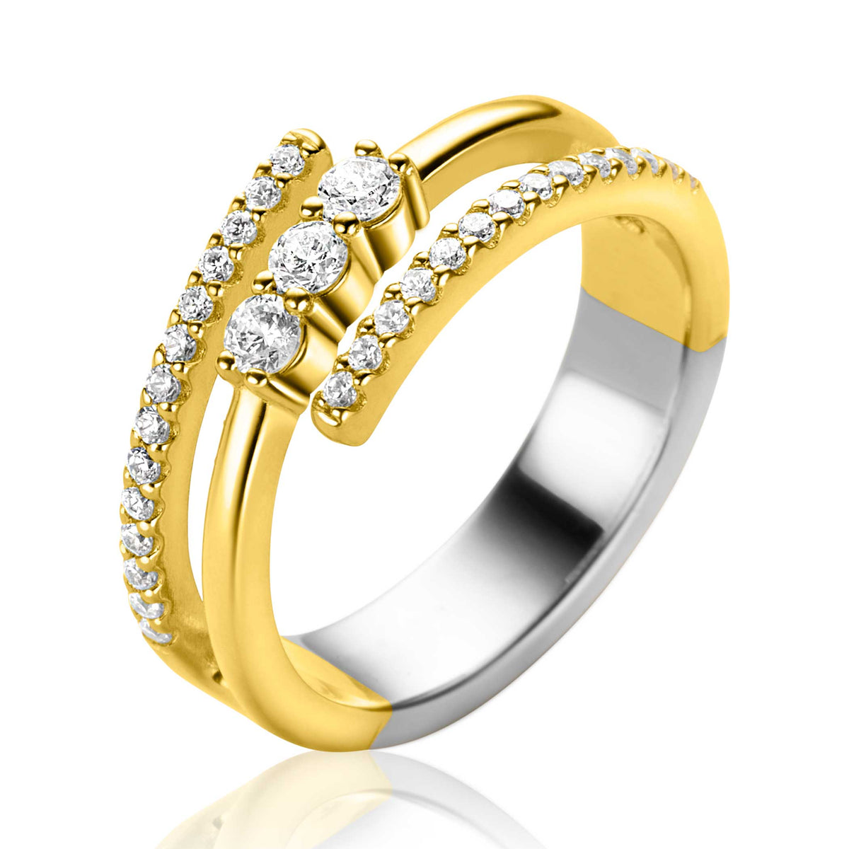 Ring aus Silber mit goldener Beschichtung, drei funkelnden Zirkonia und geschwungenem Design