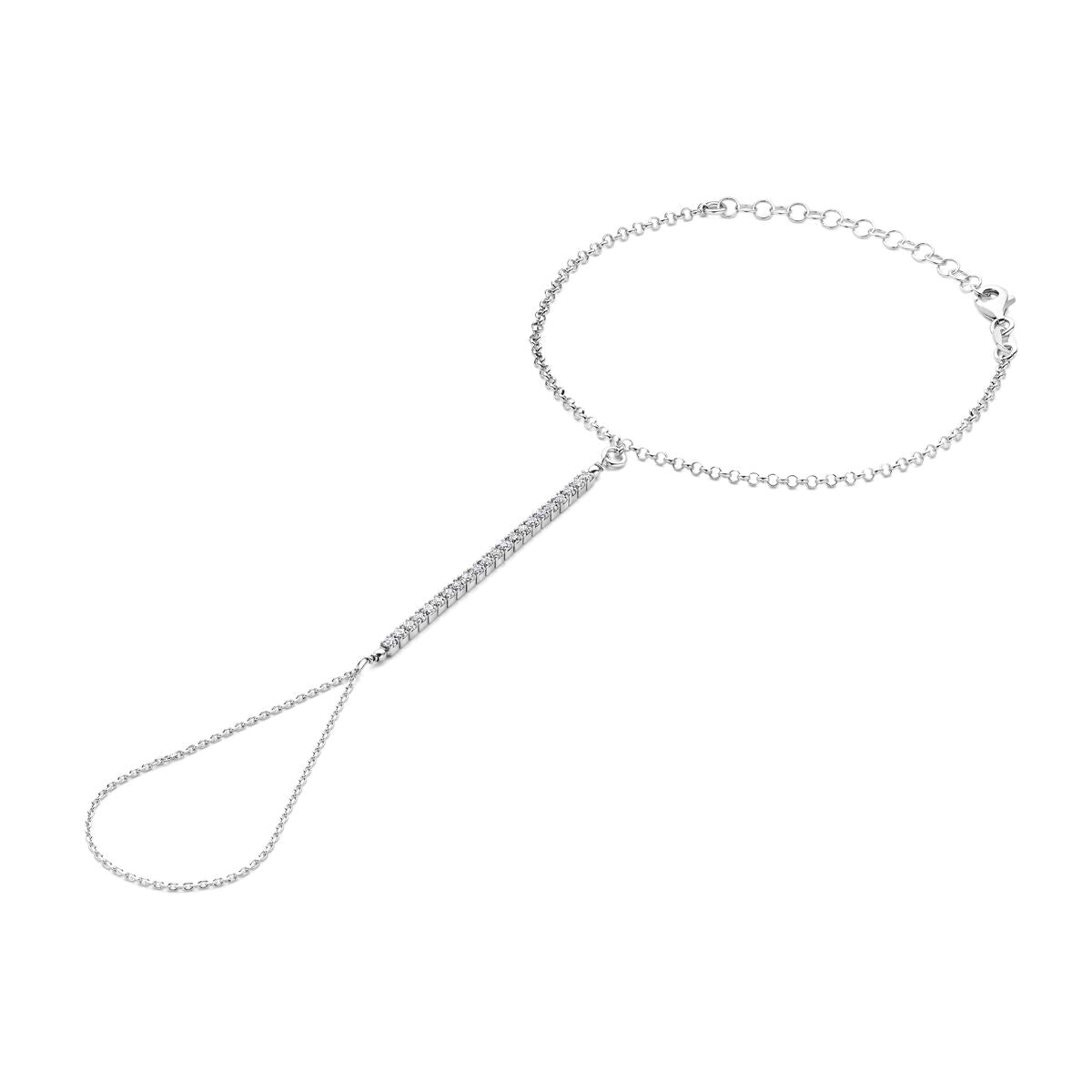 Silbernes Handschmuckstück mit Zirkonia, rhodiniert, mit feiner Kette und Tropfenform
